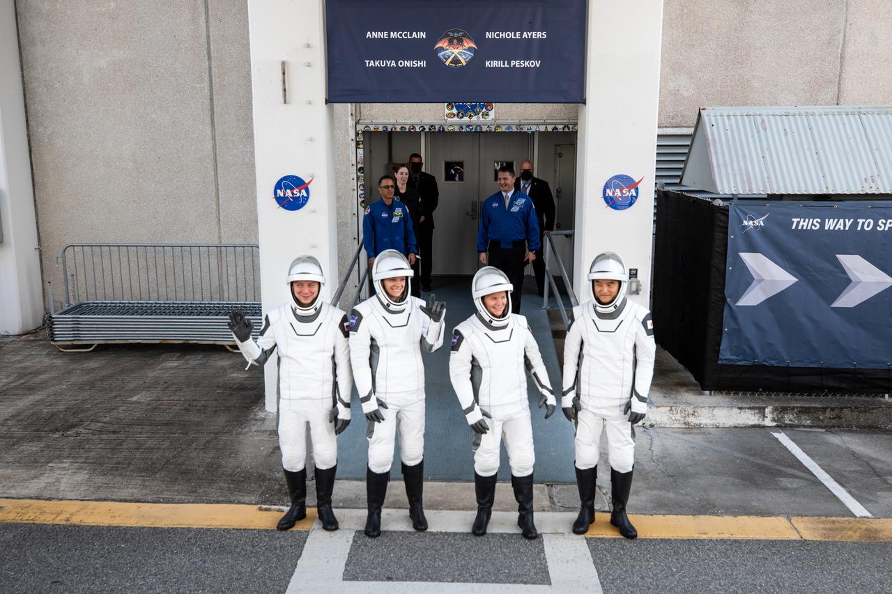 NASA’s SpaceX Crew-10 crew members pose for a photo after walking out of the Neil A. Armstrong Operations and Checkout Building at the agency’s Kennedy Space Center in Florida ahead of launch of the Crew-10 mission on Friday, March 14, 2025. From left to right, Roscosmos cosmonaut Kirill Peskov, NASA astronauts Anne McClain and Nichole Ayers, along with JAXA (Japan Aerospace Exploration Agency) astronaut Takuya Onishi are scheduled to lift off aboard SpaceX’s Dragon spacecraft and Falcon 9 rocket at 7:03 p.m. EDT, from Launch Complex 39A at NASA Kennedy. Crew-10 is the 10th crew rotation mission with SpaceX to the space station as part of the agency’s Commercial Crew Program.
