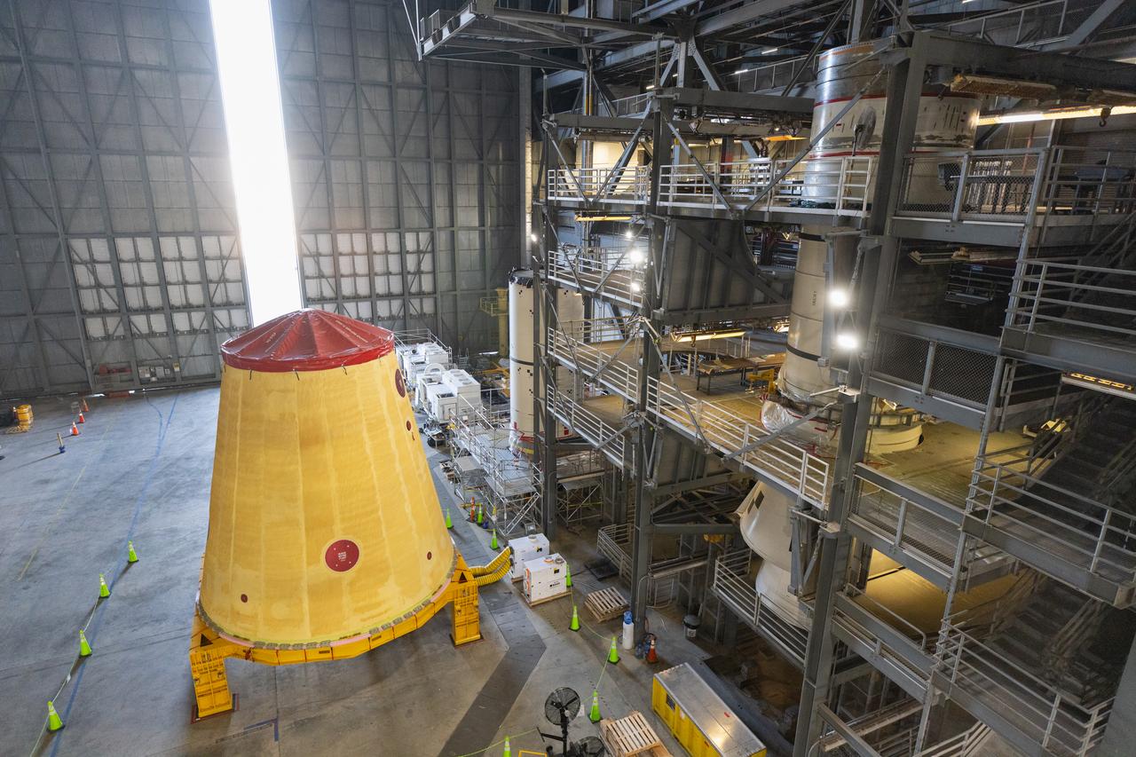 NASA’s Artemis II hardware, the launch vehicle stage adapter, is inside High Bay 4 on Thursday, March 20, 2025, at the Vehicle Assembly Building at NASA’s Kennedy Space Center in Florida ahead of rocket stacking operations. The cone shaped launch vehicle stage adapter connects the SLS (Space Launch System) Moon rocket to the upper stage, the interim cryogenic propulsion stage, and protects the rocket’s flight computers, avionics, and electrical devices during launch and ascent during the Artemis missions.