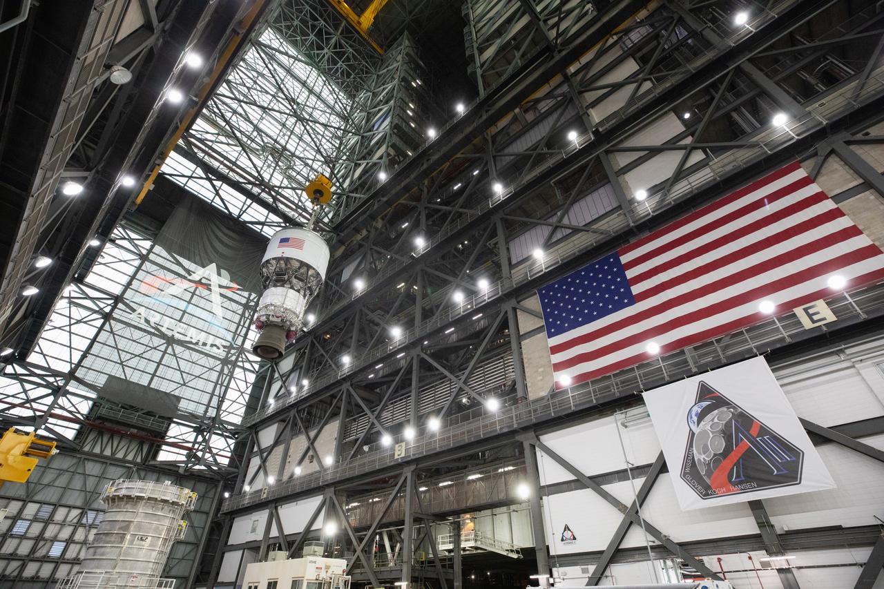 Teams with NASA’s Exploration Ground Systems Program begin integrating the interim cryogenic propulsion stage to the SLS (Space Launch System) launch vehicle stage adapter on Wednesday, April 30, 2025, inside the Vehicle Assembly Building at NASA’s Kennedy Space Center in Florida. The four-story propulsion system, built by Boeing and ULA (United Launch Alliance), is powered by an RL10 engine that will enable the Orion spacecraft to build up enough speed for the push toward the Moon during the Artemis II crewed test flight.