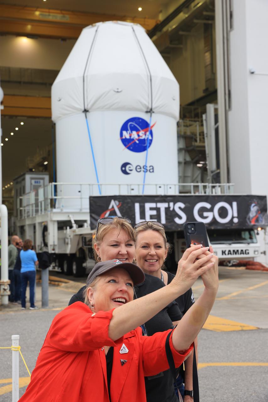 NASA’s KAMAG transporter carries the agency’s Artemis II Orion spacecraft from the Neil A. Armstrong Operations and Checkout Building to the Multi-Payload Processing Facility at Kennedy Space Center in Florida on Saturday, May 3, 2025. The Orion spacecraft will undergo fueling and processing operations at the Multi-Function Facility. The Artemis II test flight is the first crewed flight under NASA’s Artemis campaign and is another step toward missions on the lunar surface and helping the agency prepare for future human missions to Mars.