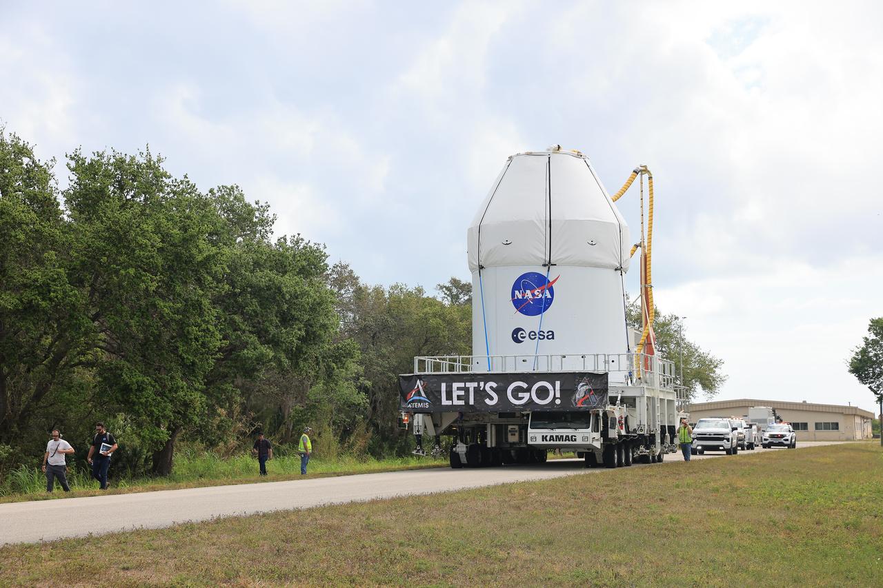 NASA’s Artemis II Orion spacecraft arrives at the Multi-Payload Processing Facility at Kennedy Space Center in Florida on Saturday, May 3, 2025, to undergo fueling and processing operations for prelaunch operations. The Artemis II test flight is the first crewed flight under NASA’s Artemis campaign and is another step toward missions on the lunar surface and helping the agency prepare for future human missions to Mars.