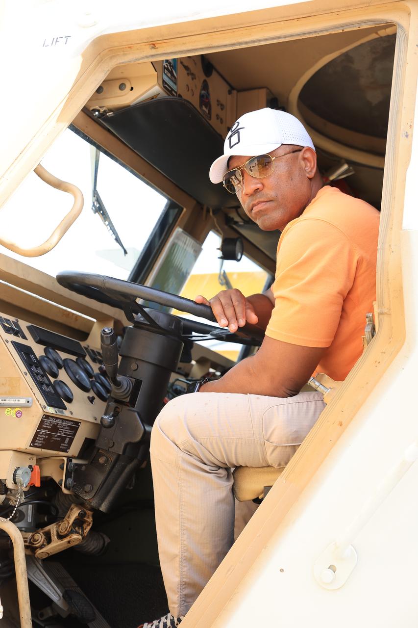 NASA astronaut Victor Glover participates in emergency egress training with teams from NASA’s Exploration Ground Systems Program at Launch Complex 39B at the agency’s Kennedy Space Center in Florida on Tuesday, May 6, 2025. Glover and fellow Artemis II crew members and backup members trained with the mine-resistant ambush protected vehicles, or MRAPs, inside the launch pad area. Originally designed for military applications, the 45,000-pound MRAP offers a mobile bunker for astronauts and ground crews in the unlikely event they must get away from the launch pad quickly in an emergency.