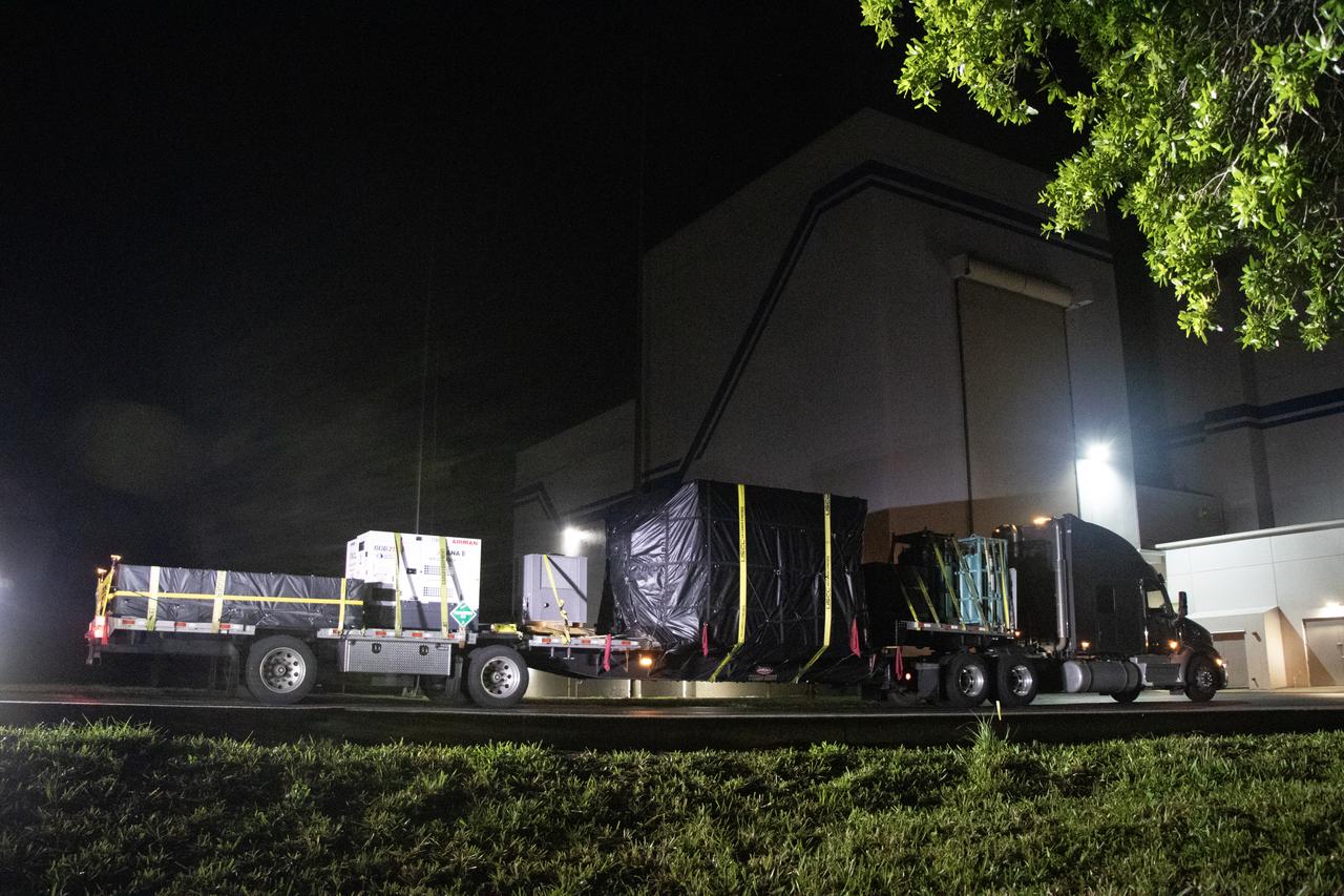The transport carrier containing NASA’s IMAP (Interstellar Mapping and Acceleration Probe) arrives Saturday, May 10, 2025 at the Astrotech Space Operations Facility near the agency’s Kennedy Space Center in Florida where it will undergo checkout operations, fueling, and encapsulation. IMAP will study how the Sun shapes the boundaries of the heliosphere, the bubble protecting around our solar system. IMAP is targeting launch this fall aboard a SpaceX Falcon 9 rocket from Launch Complex 39A at NASA Kennedy.