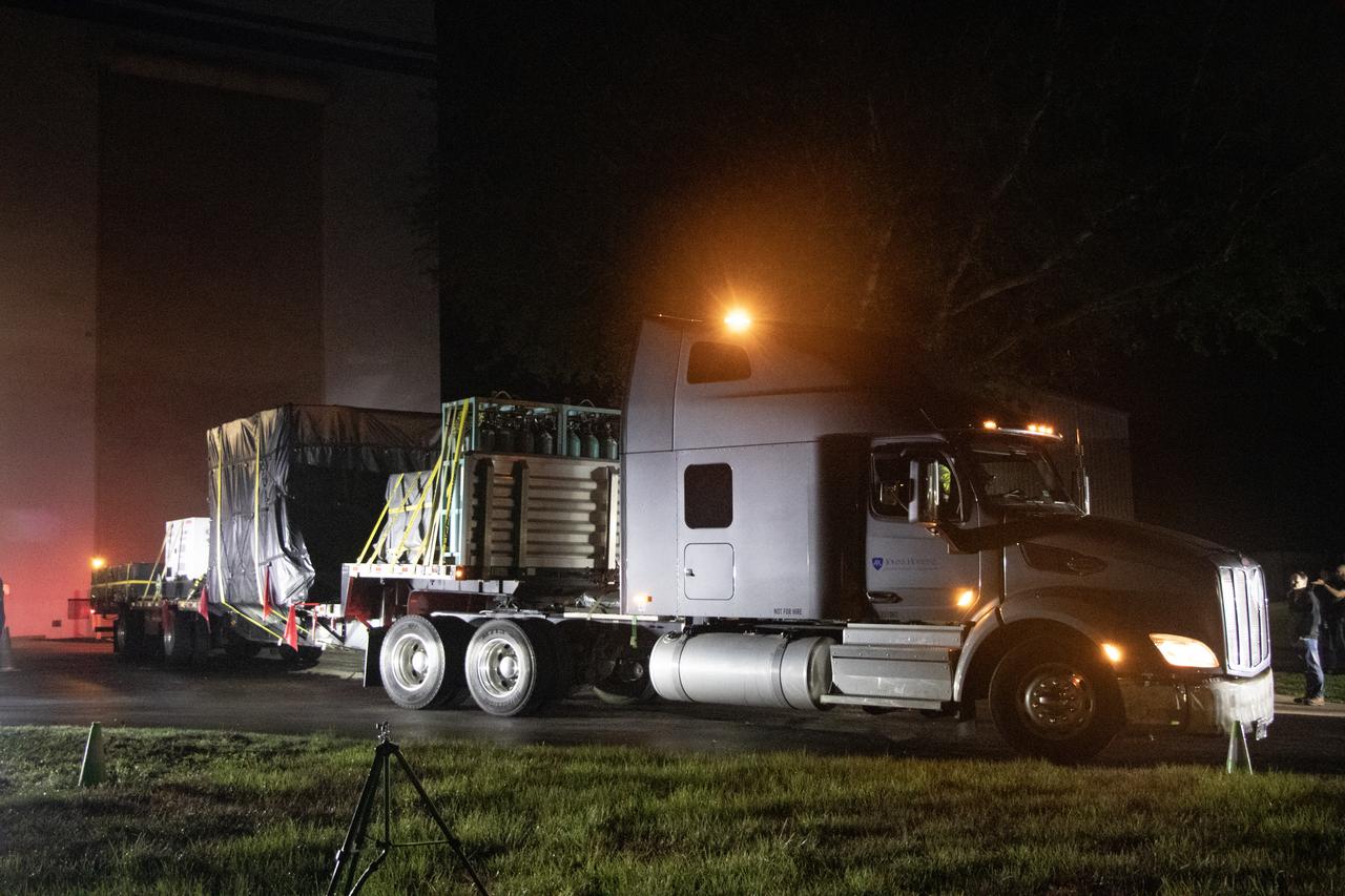 The transport carrier containing NASA’s IMAP (Interstellar Mapping and Acceleration Probe) arrives Saturday, May 10, 2025 at the Astrotech Space Operations Facility near the agency’s Kennedy Space Center in Florida where it will undergo checkout operations, fueling, and encapsulation. IMAP will study how the Sun shapes the boundaries of the heliosphere, the bubble protecting around our solar system. IMAP is targeting launch this fall aboard a SpaceX Falcon 9 rocket from Launch Complex 39A at NASA Kennedy.