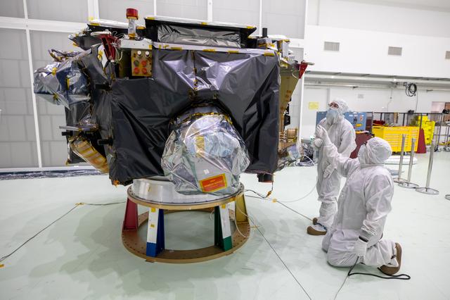 NASA's IMAP Spacecraft Lift to Work Stand and Unbagging