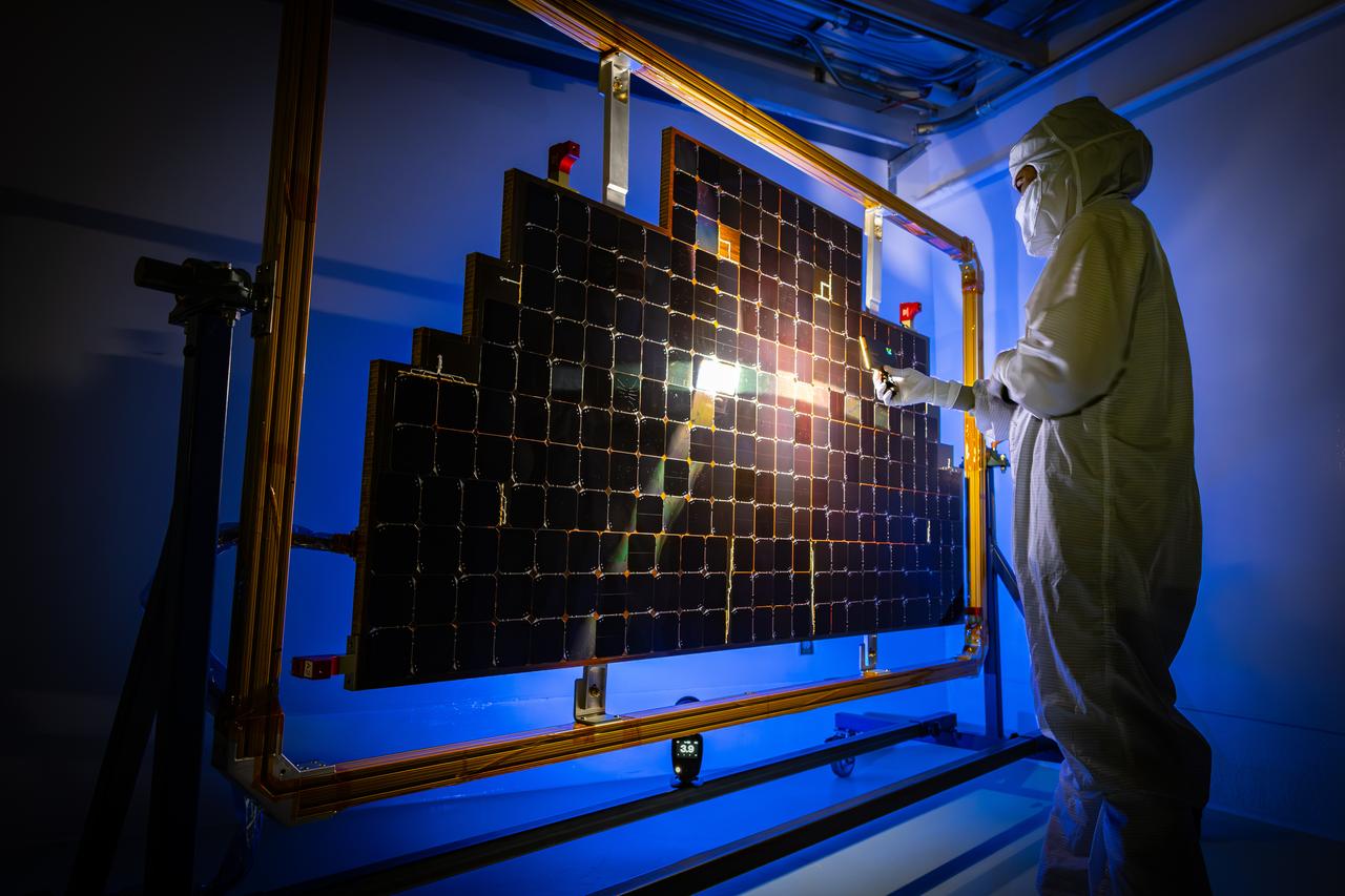 Technicians conduct an illumination test by flashing a bright light that simulates the Sun into the solar array for NASA’s IMAP (Interstellar Mapping and Acceleration Probe) observatory inside the high bay at the Astrotech Space Operations Facility near the agency’s Kennedy Space Center in Florida on Friday, June 20, 2025. The IMAP solar array converts sunlight into approximately 500 watts of power, and IMAP’s spin axis, which comes through the center of the solar arrays, points sunward to provide constant power. Launch is targeted for no earlier than September 2025 aboard a SpaceX Falcon 9 rocket from Launch Complex 39A at NASA Kennedy.