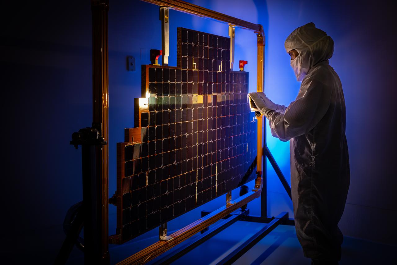 Technicians conduct an illumination test by flashing a bright light that simulates the Sun into the solar array for NASA’s IMAP (Interstellar Mapping and Acceleration Probe) observatory inside the high bay at the Astrotech Space Operations Facility near the agency’s Kennedy Space Center in Florida on Friday, June 20, 2025. The IMAP solar array converts sunlight into approximately 500 watts of power, and IMAP’s spin axis, which comes through the center of the solar arrays, points sunward to provide constant power. Launch is targeted for no earlier than September 2025 aboard a SpaceX Falcon 9 rocket from Launch Complex 39A at NASA Kennedy.