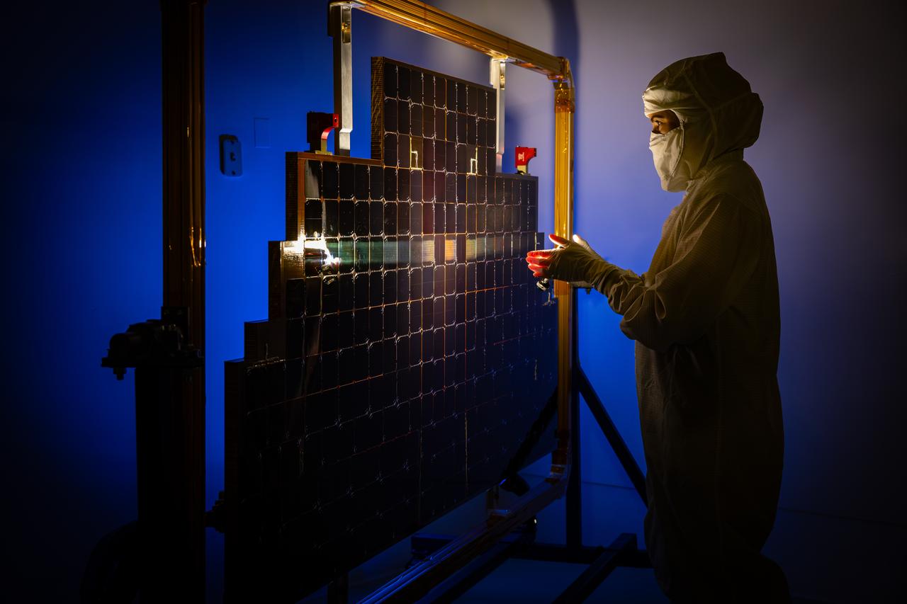 Technicians conduct an illumination test by flashing a bright light that simulates the Sun into the solar array for NASA’s IMAP (Interstellar Mapping and Acceleration Probe) observatory inside the high bay at the Astrotech Space Operations Facility near the agency’s Kennedy Space Center in Florida on Friday, June 20, 2025. The IMAP solar array converts sunlight into approximately 500 watts of power, and IMAP’s spin axis, which comes through the center of the solar arrays, points sunward to provide constant power. Launch is targeted for no earlier than September 2025 aboard a SpaceX Falcon 9 rocket from Launch Complex 39A at NASA Kennedy.