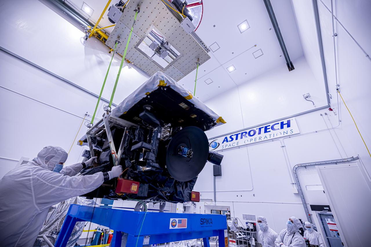 Technicians use a crane to lift the National Oceanic and Atmospheric Administration’s (NOAA) Space Weather Follow On–Lagrange 1 (SWFO-L1) Observatory onto a work stand on Friday, July 25, 2025, during prelaunch processing at the Astrotech Space Operations Facility near NASA’s Kennedy Space Center in Florida. The SWFO-L1 mission will observe solar eruptions, and monitor incoming space weather 24/7, providing early warnings and validating forecasts that protect vital communication and navigation infrastructure, economic interests, and national security, both on Earth and in space. The observatory will launch as a rideshare with NASA’s IMAP (Interstellar Mapping and Acceleration Probe) no earlier than September 2025.