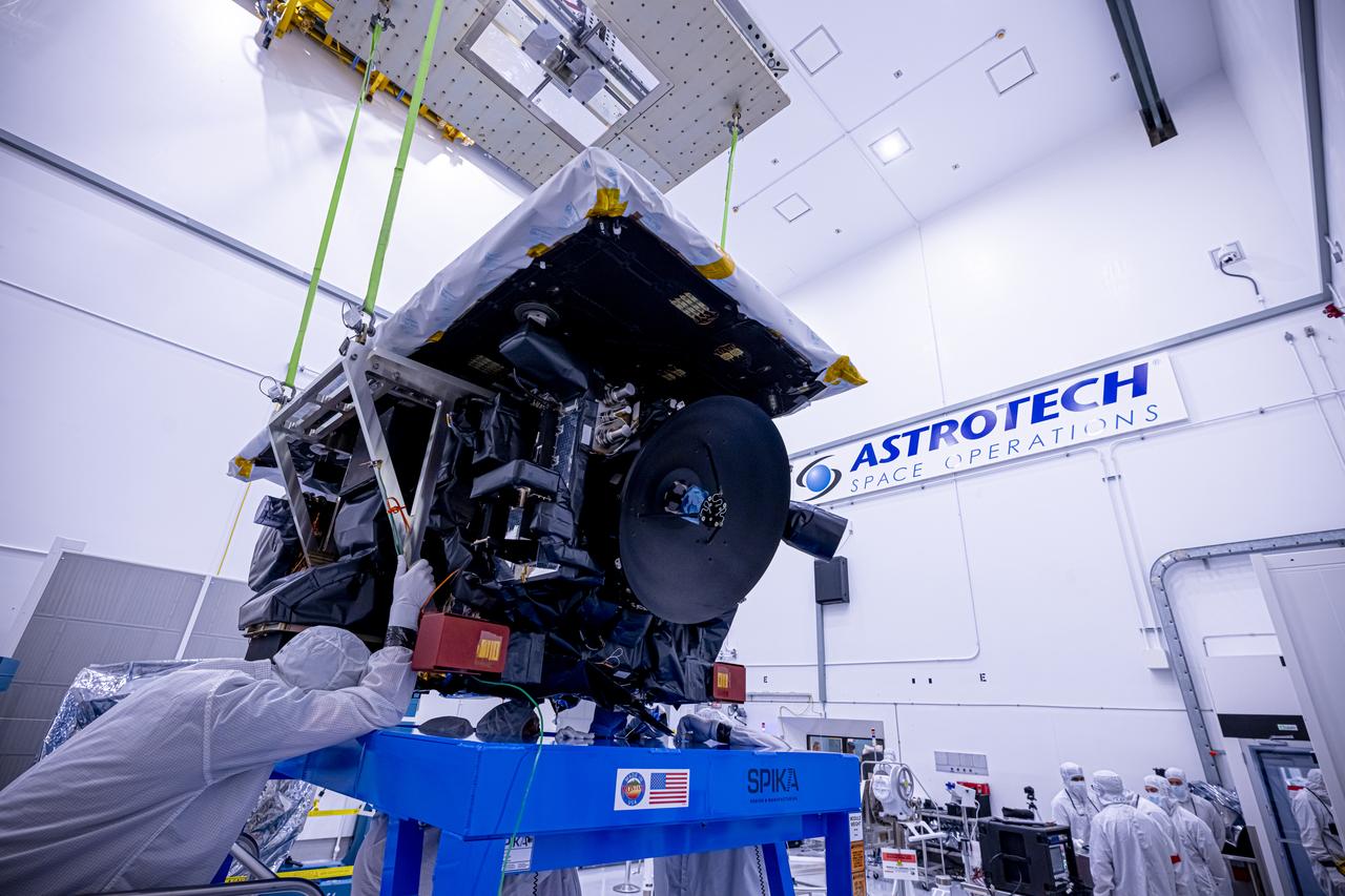 Technicians use a crane to lift the National Oceanic and Atmospheric Administration’s (NOAA) Space Weather Follow On–Lagrange 1 (SWFO-L1) Observatory onto a work stand on Friday, July 25, 2025, during prelaunch processing at the Astrotech Space Operations Facility near NASA’s Kennedy Space Center in Florida. The SWFO-L1 mission will observe solar eruptions, and monitor incoming space weather 24/7, providing early warnings and validating forecasts that protect vital communication and navigation infrastructure, economic interests, and national security, both on Earth and in space. The observatory will launch as a rideshare with NASA’s IMAP (Interstellar Mapping and Acceleration Probe) no earlier than September 2025.