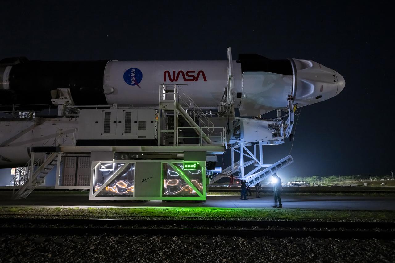 A SpaceX Dragon spacecraft atop the company’s Falcon 9 rocket rolls to the launch pad at Launch Complex 39A at NASA’s Kennedy Space Center in Florida on Monday, July 27, 2025, for NASA’s SpaceX Crew-11 mission. NASA astronauts Zena Cardman, commander, and Mike Fincke, pilot, along with JAXA (Japan Aerospace Exploration Agency) astronaut Kimiya Yui and Roscosmos cosmonaut Oleg Platonov, are scheduled to launch at 12:09 p.m. Thursday, July 31, 2025, to the International Space Station for the 11th crew rotation mission as part of NASA’s Commercial Crew Program.