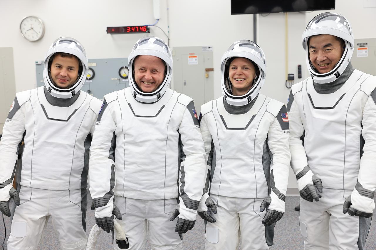 NASA’s SpaceX Crew-11 members suit up in the Neil A. Armstrong Operations and Checkout Building at the agency’s Kennedy Space Center in Florida on Thursday, July 31, 2025, during the first attempt of NASA’s SpaceX Crew-11 mission to the International Space Station. From right, JAXA (Japan Aerospace Exploration Agency) astronaut Kimiya Yui along with NASA astronauts Zena Cardman and Mike Fincke, and Roscosmos cosmonaut Oleg Platonov, are scheduled to lift off aboard SpaceX’s Dragon spacecraft and Falcon 9 rocket at for its second attempt 11:43 a.m. EDT Friday, Aug. 1, 2025, from Launch Complex 39A at NASA Kennedy.