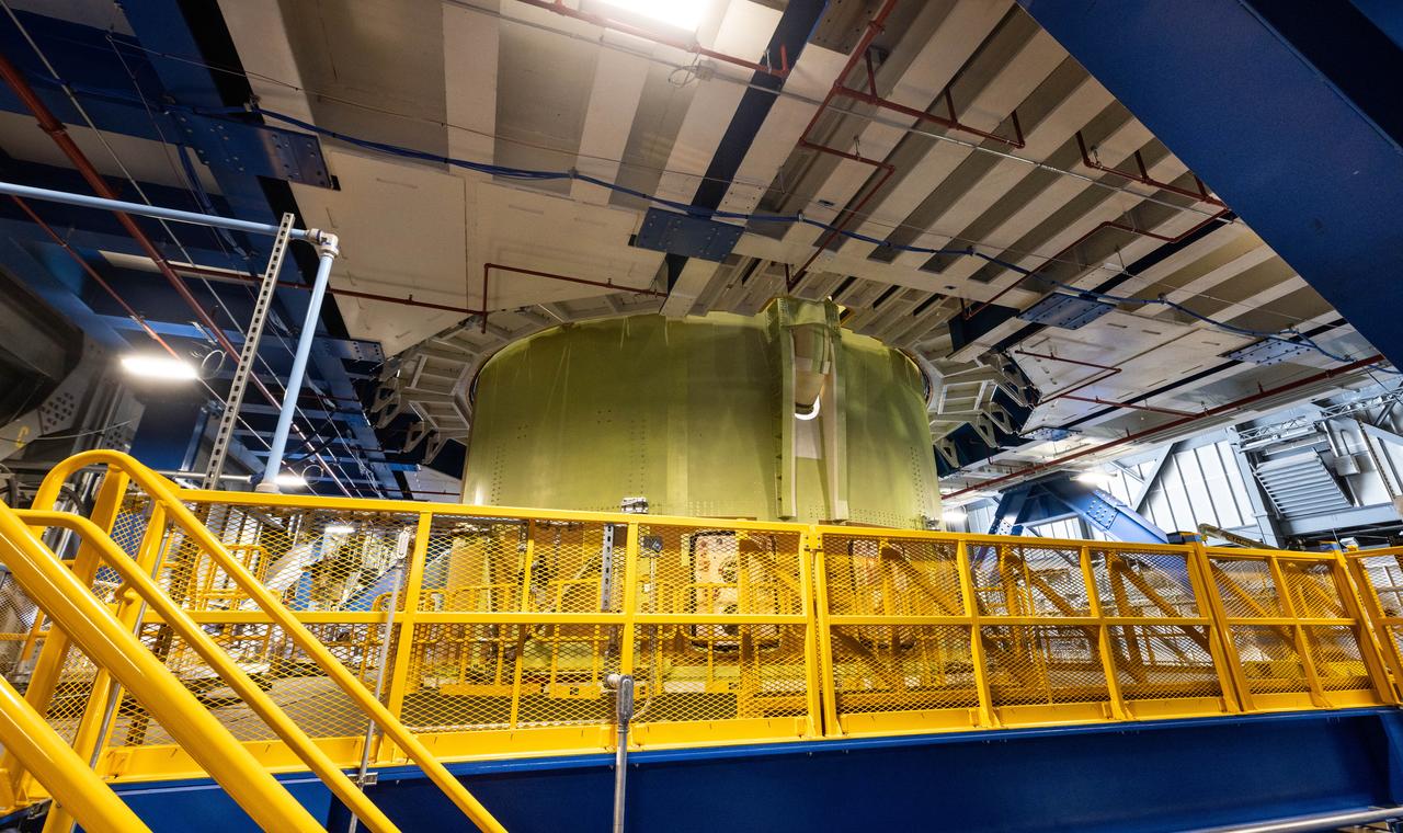 Teams from Kennedy lift NASA’s integrated Artemis III SLS (Space Launch System) core stage engine section with its boat-tail inside the center’s Vehicle Assembly Building at NASA’s Kennedy Space Center in Florida on Wednesday, Aug. 13, 2025. Shown inside the facility’s High Bay 2 for processing, the engine section is one the most complex and intricate parts of the rocket stage that will help power the Artemis missions to the Moon.  