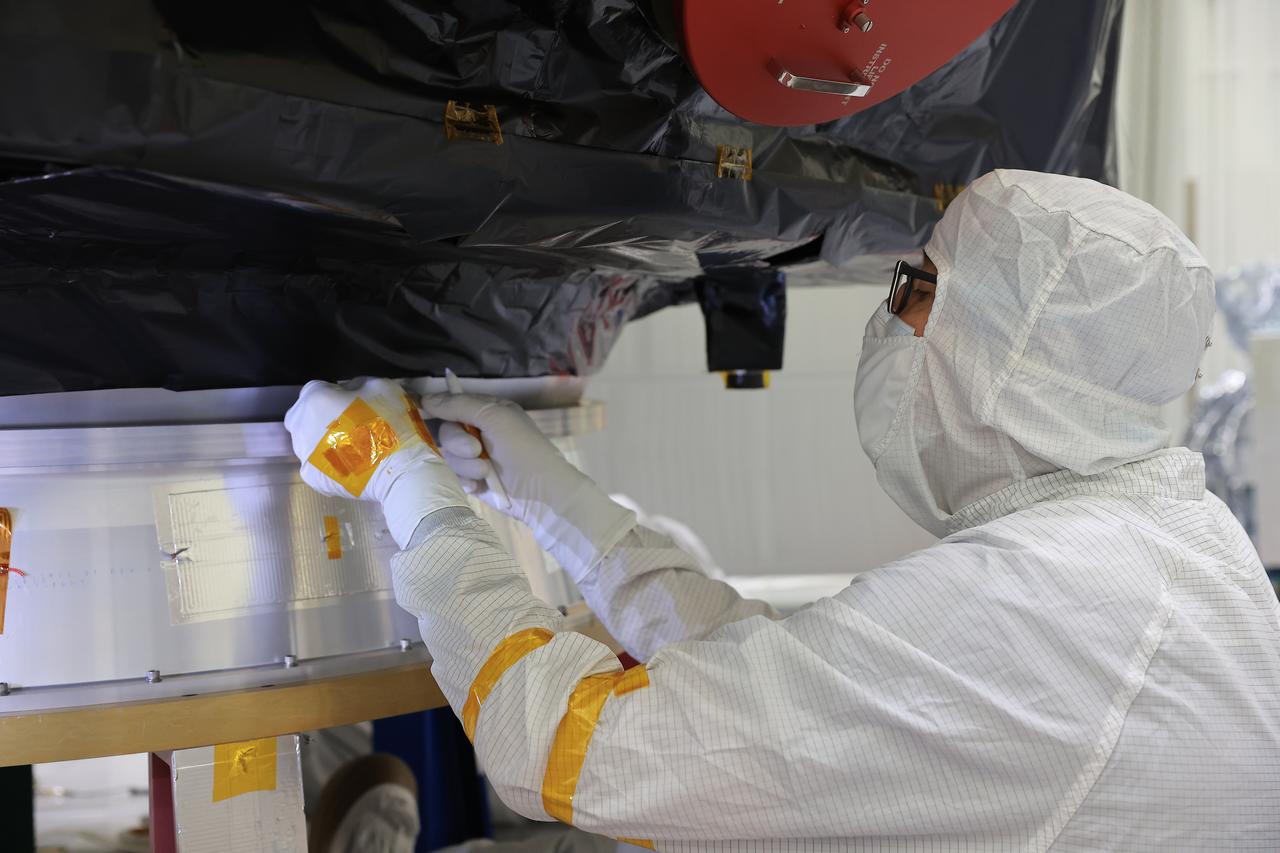 Technicians conduct blanket closeout work on NASA’s IMAP (Interstellar Mapping and Acceleration Probe) observatory at the Astrotech Space Operations Facility near NASA’s Kennedy Space Center in Florida on Friday, Aug. 15, 2025. IMAP will explore and map the boundaries of the heliosphere — a huge bubble created by the Sun’s wind that encapsulates our entire solar system — and study how the heliosphere interacts with the local galactic neighborhood beyond.