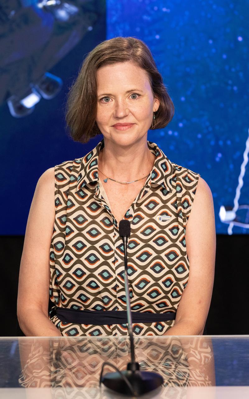 Lara Waldrop, Carruthers Geocorona Observatory principal investigator, University of Illinois Urbana-Champaign, participates in a science briefing on NASA’s IMAP (Interstellar Mapping and Acceleration Probe) mission and its two rideshares – NASA’s exosphere-studying Carruthers Geocorona Observatory and National Oceanic and Atmospheric Administration’s (NOAA) Space Weather Follow On–Lagrange 1 (SWFO-L1) observatory – at the agency’s Kennedy Space Center in Florida on Sunday, Sept. 21, 2025. NASA’s IMAP will use 10 science instruments to study and map the heliosphere, a vast magnetic bubble surrounding the Sun protecting our solar system from radiation incoming from interstellar space. The three missions will orbit the Sun near Lagrange point 1, about one million miles from Earth. Launch is targeted for 7:32 a.m. EDT, Tuesday, Sept. 23, from Launch Complex 39A at NASA Kennedy.