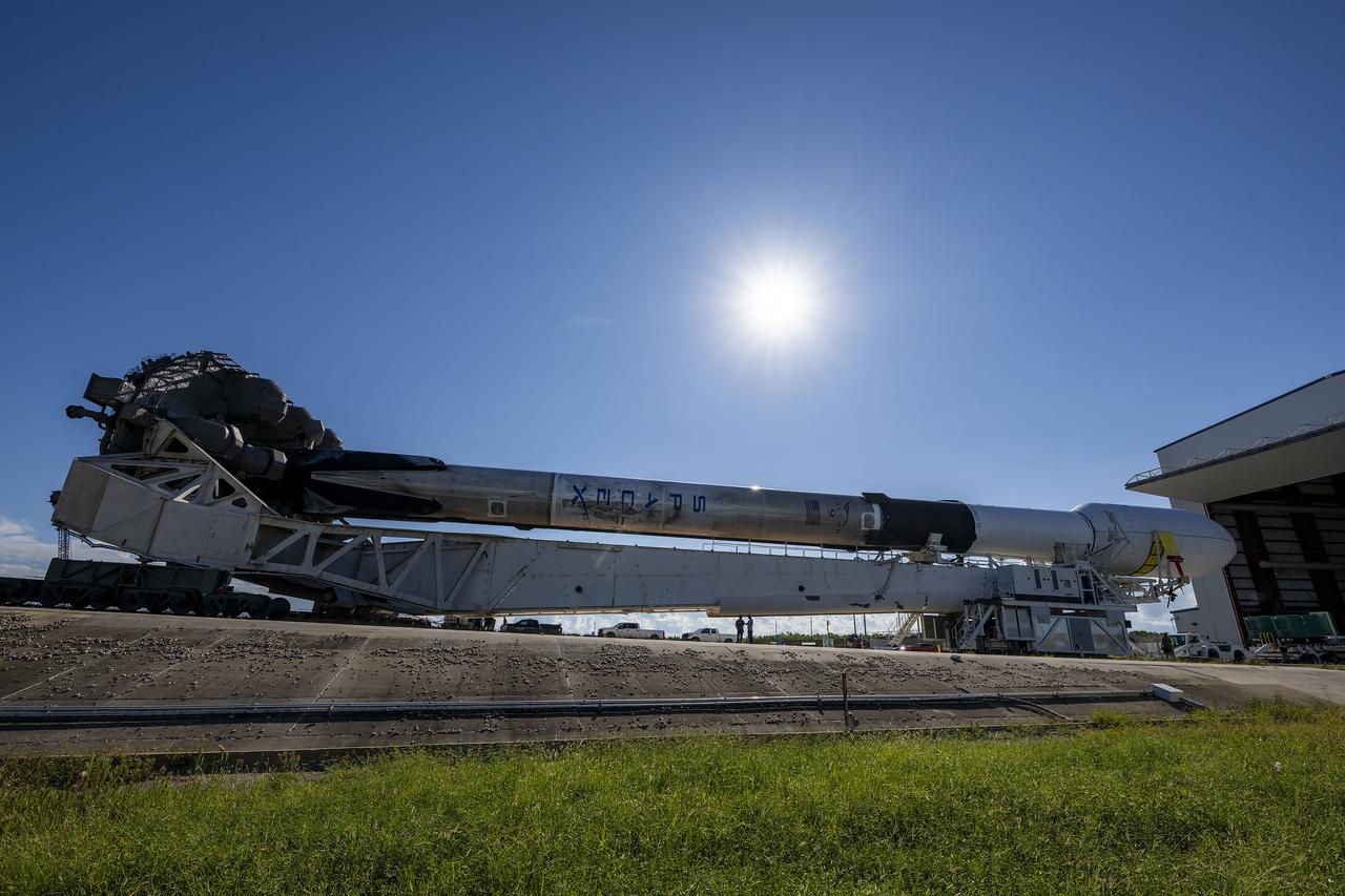 A SpaceX Falcon 9 rocket, with NASA’s IMAP (Interstellar Mapping and Acceleration Probe), the agency’s Carruthers Geocorona Observatory, and National Oceanic and Atmospheric Administration’s (NOAA) Space Weather Follow On–Lagrange 1 (SWFO-L1) spacecraft attached, rolls to Launch Pad 39A on Sunday, Sept. 21, 2025, at NASA’s Kennedy Space Center in Florida. NASA’s IMAP will use 10 science instruments to study and map the heliosphere, a vast magnetic bubble surrounding the Sun protecting our solar system from radiation incoming from interstellar space. NASA’s IMAP will scan the heliosphere, analyze the composition of charged particles, and investigate how those particles move through the solar system.