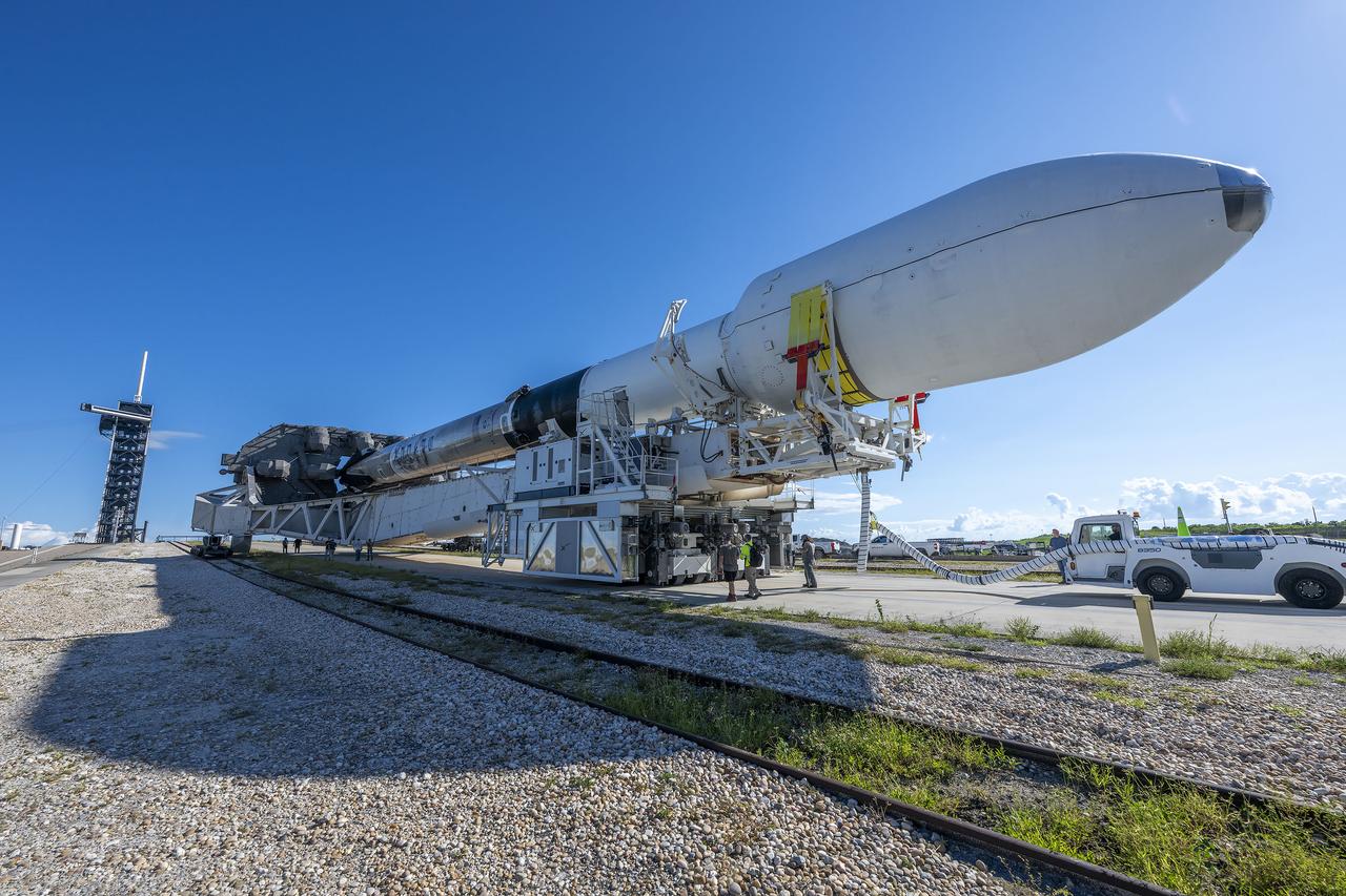 A SpaceX Falcon 9 rocket, with NASA’s IMAP (Interstellar Mapping and Acceleration Probe), the agency’s Carruthers Geocorona Observatory, and National Oceanic and Atmospheric Administration’s (NOAA) Space Weather Follow On–Lagrange 1 (SWFO-L1) spacecraft attached, rolls to Launch Pad 39A on Sunday, Sept. 21, 2025, at NASA’s Kennedy Space Center in Florida. NASA’s IMAP will use 10 science instruments to study and map the heliosphere, a vast magnetic bubble surrounding the Sun protecting our solar system from radiation incoming from interstellar space. NASA’s IMAP will scan the heliosphere, analyze the composition of charged particles, and investigate how those particles move through the solar system.