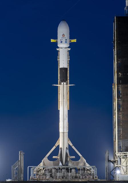 A SpaceX Falcon 9 rocket with NASA’s IMAP (Interstellar Mapping and Acceleration Probe), the agency’s Carruthers Geocorona Observatory, and National Oceanic and Atmospheric Administration’s (NOAA) Space Weather Follow On–Lagrange 1 (SWFO-L1) spacecraft stands vertical at Launch Complex 39A during early morning on Monday, Sept. 22, 2025, at the agency’s Kennedy Space Center in Florida. NASA’s IMAP will use 10 science instruments to study and map the heliosphere, a vast magnetic bubble surrounding the Sun protecting our solar system from radiation incoming from interstellar space. NASA’s IMAP will scan the heliosphere, analyze the composition of charged particles, and investigate how those particles move through the solar system.