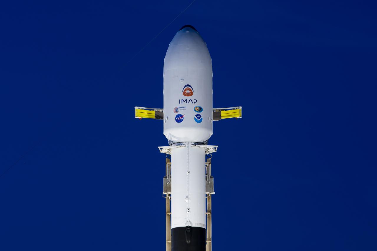 A SpaceX Falcon 9 rocket with NASA’s IMAP (Interstellar Mapping and Acceleration Probe), the agency’s Carruthers Geocorona Observatory, and National Oceanic and Atmospheric Administration’s (NOAA) Space Weather Follow On–Lagrange 1 (SWFO-L1) spacecraft stands vertical at Launch Complex 39A during early morning on Monday, Sept. 22, 2025, at the agency’s Kennedy Space Center in Florida. NASA’s IMAP will use 10 science instruments to study and map the heliosphere, a vast magnetic bubble surrounding the Sun protecting our solar system from radiation incoming from interstellar space. NASA’s IMAP will scan the heliosphere, analyze the composition of charged particles, and investigate how those particles move through the solar system.
