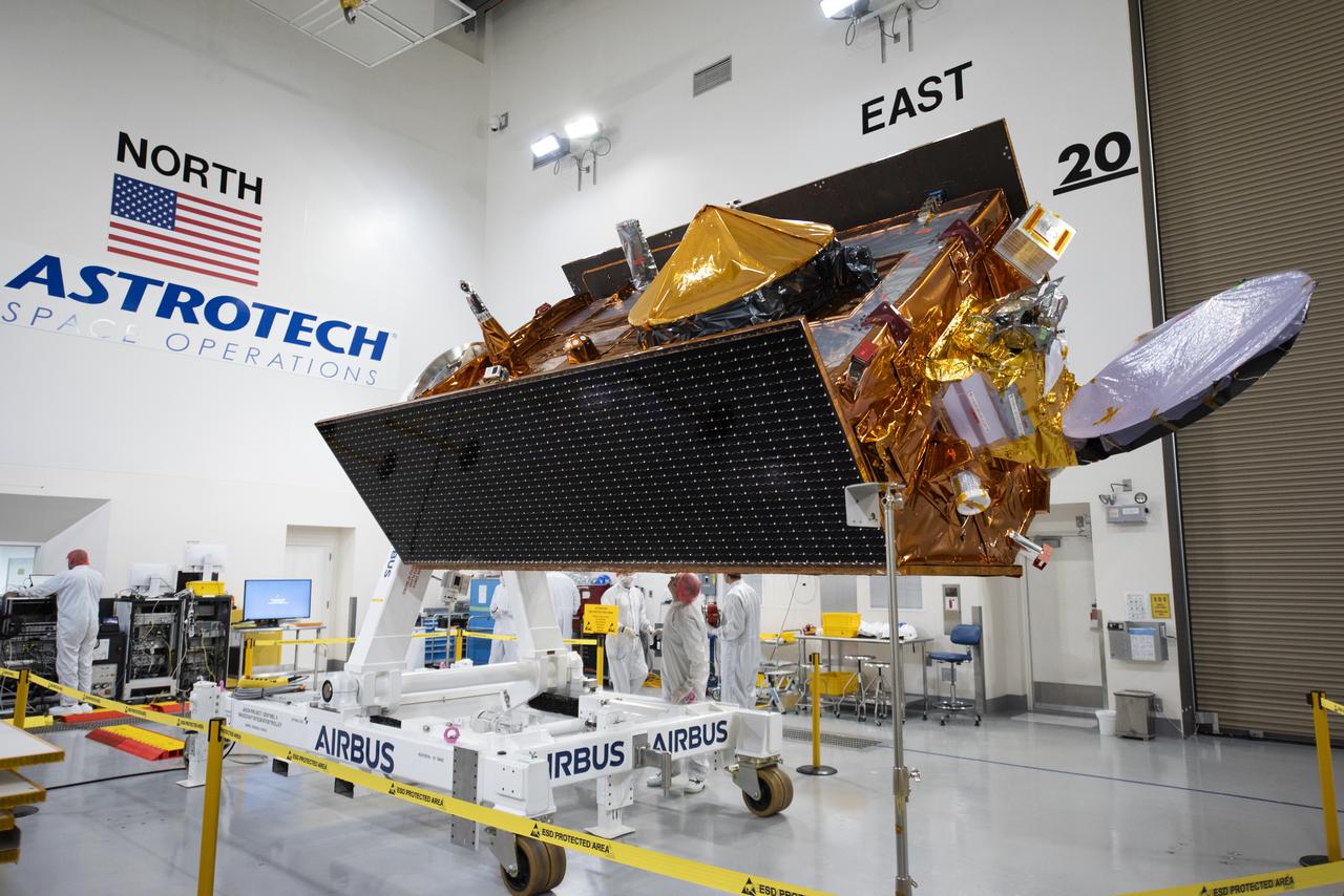 Technicians transfer the Sentinel-6B spacecraft from the NASA hangar to the Astrotech Space Operations payload processing facility at Vandenberg Space Force Base in California on Thursday, Sept. 25, 2025. Sentinel-6B will undergo detailed inspections, tests, and fueling in a cleanroom as it prepares for a November launch on a SpaceX Falcon 9 rocket. The spacecraft is designed to measure sea levels down to roughly an inch for about 90% of the world’s oceans. Sentinel-6B also will extend the record of atmospheric temperatures, begun by Sentinel-6 Michael Freilich, out to a decade.