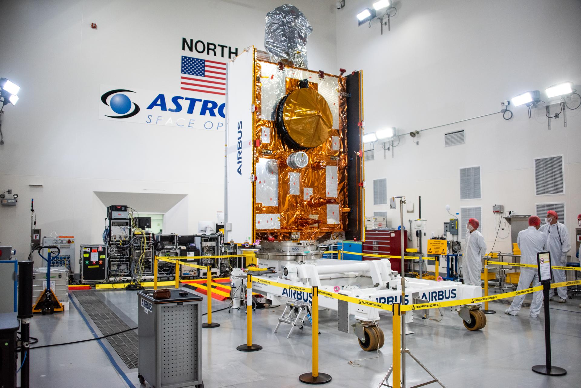 Technicians install protective solar array covers for the Sentinel-6B spacecraft inside the Astrotech Space Operations payload processing facility at Vandenberg Space Force Base in California on Friday, Sept. 26, 2025. Sentinel-6B will undergo detailed inspections, tests, and fueling in a cleanroom as it prepares for a November launch on a SpaceX Falcon 9 rocket. A collaboration between NASA, ESA (European Space Agency), EUMETSAT (European Organisation for the Exploitation of Meteorological Satellites), and the National Oceanic and Atmospheric Administration (NOAA), Sentinel-6B is designed to measure sea levels down to roughly an inch for about 90% of the world’s oceans and will extend out to a decade the record of atmospheric temperatures begun by Sentinel-6 Michael Freilich.