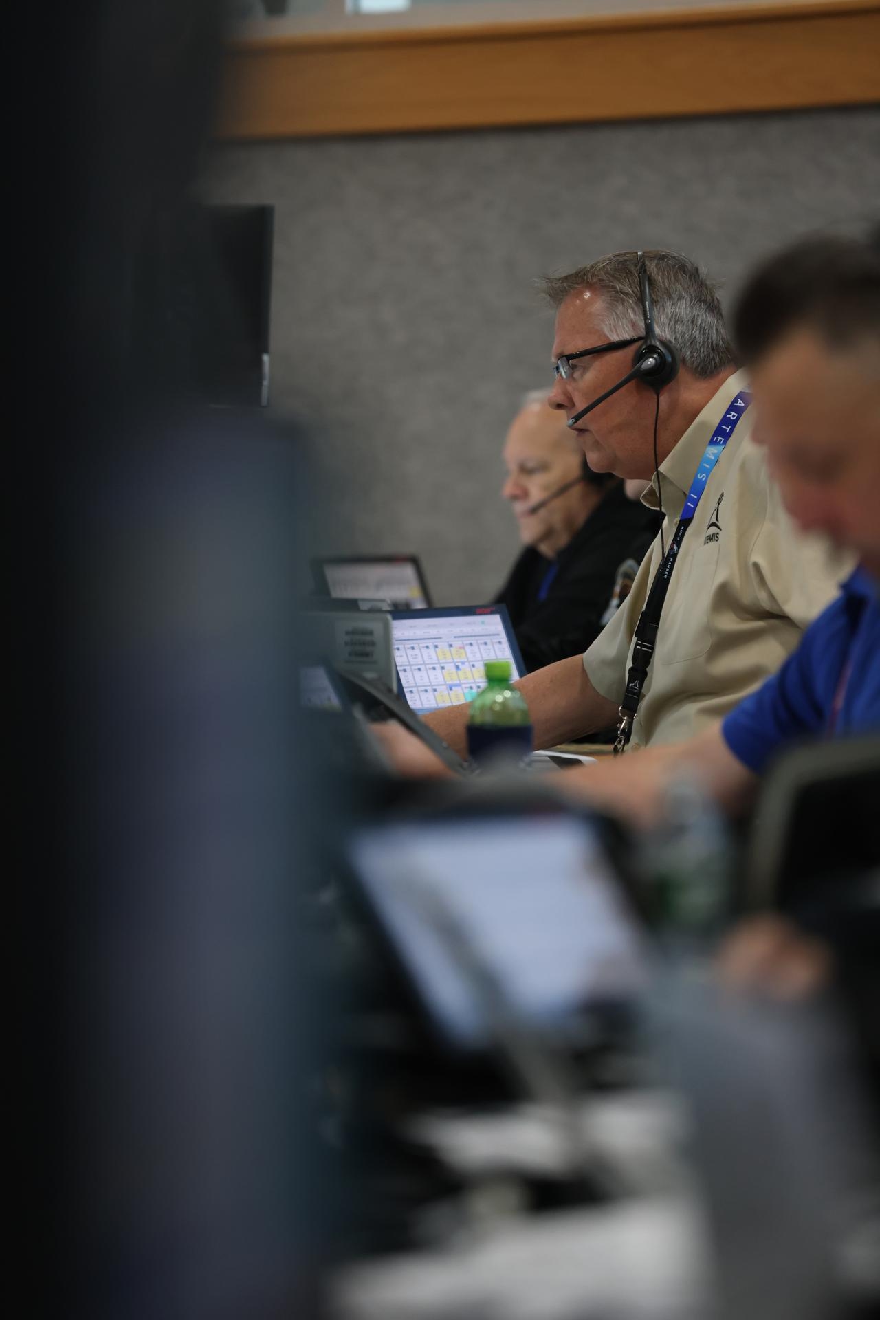Jeff Spaulding, senior NASA test director for Artemis II at NASA’s Kennedy Space Center in Florida participates in an Artemis II launch countdown simulation inside Firing Room 1 in the Launch Control Center at NASA Kennedy on Wednesday, Oct. 8, 2025. The simulations go through launch day scenarios to help launch team members test software and make adjustments if needed during countdown operations. For Artemis II, four astronauts will venture around the Moon, the first crewed mission on NASA’s path to establishing a long-term presence for science and exploration through Artemis.