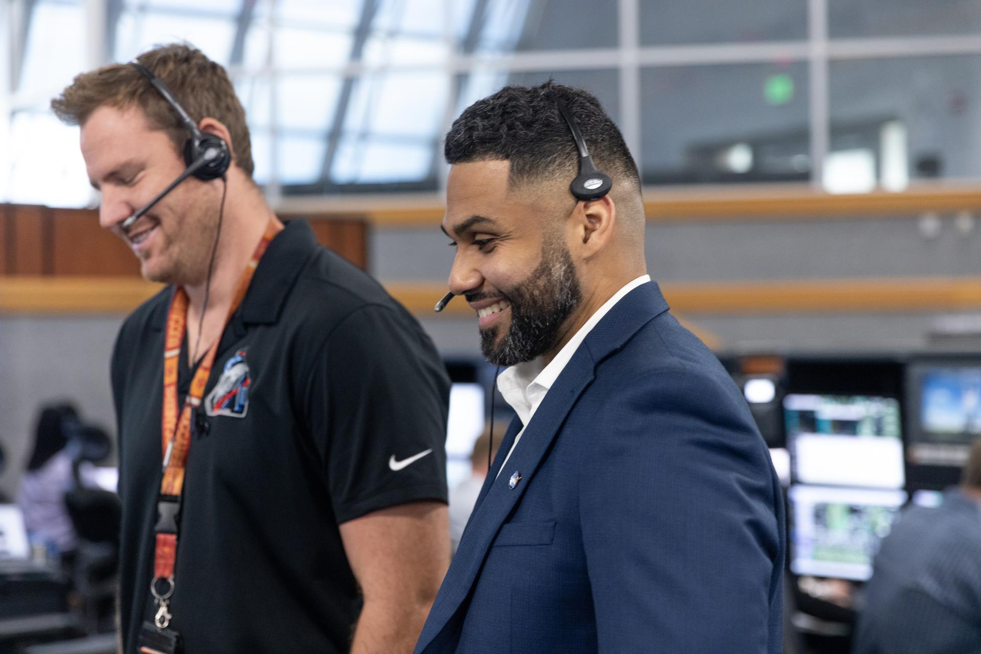 From left, Joe Pavicic, operations project engineer, and Mike Guzman, main propulsion systems engineer participate in an Artemis II launch countdown simulation inside Firing Room 1 in the Launch Control Center at NASA’s Kennedy Space Center in Florida on Wednesday, Nov. 5, 2025. The simulations go through launch day scenarios to help launch team members test software and make adjustments if needed during countdown operations. For Artemis II, four astronauts will venture around the Moon, the first crewed mission on NASA’s path to establishing a long-term presence for science and exploration through Artemis. 