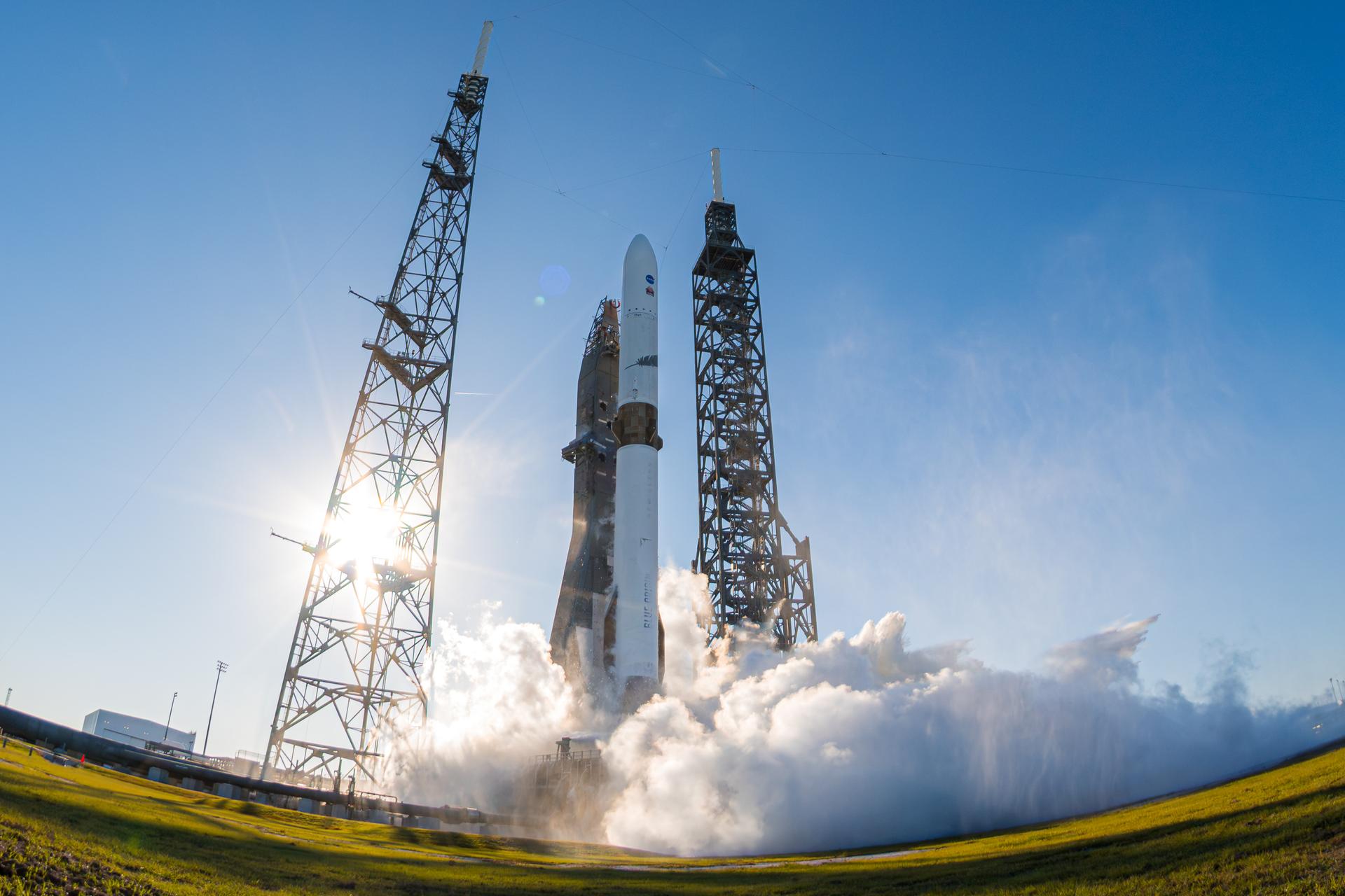 Blue Origin’s New Glenn rocket carrying NASA’s twin ESCAPADE (Escape and Plasma Acceleration and Dynamics Explorers) spacecraft launches at 3:55 p.m. EST, Thursday, Nov. 13, 2025, from Launch Complex 36 at Cape Canaveral Space Force Station in Florida. The ESCAPADE mission, built by Rocket Lab, will study how solar wind and plasma interact with Mars’ magnetosphere and how this interaction drives the planet’s atmospheric escape to prepare for future human missions on Mars.