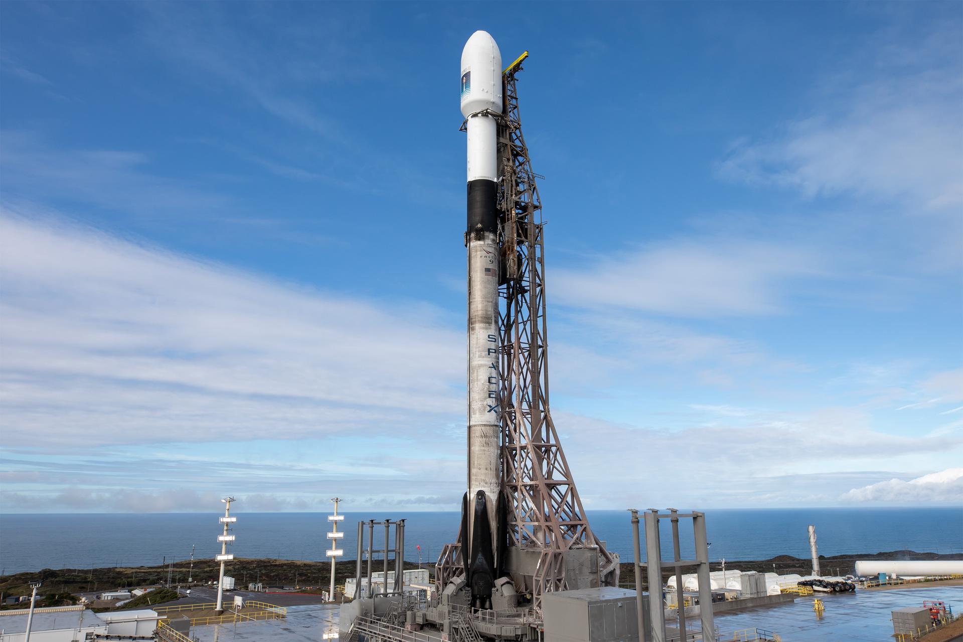 A SpaceX rocket carrying the Sentinel-6B satellite stands vertical on the launch pad at Space Launch Complex 4 East at Vandenberg Space Force Base in California on Sunday, Nov. 16, 2025, ahead of launch targeted for no earlier than 9:21 p.m. PST. A collaboration between NASA, ESA (European Space Agency), EUMETSAT (European Organisation for the Exploitation of Meteorological Satellites), and the National Oceanic and Atmospheric Administration (NOAA), Sentinel-6B is designed to measure sea levels down to roughly an inch for about 90% of the world’s oceans.