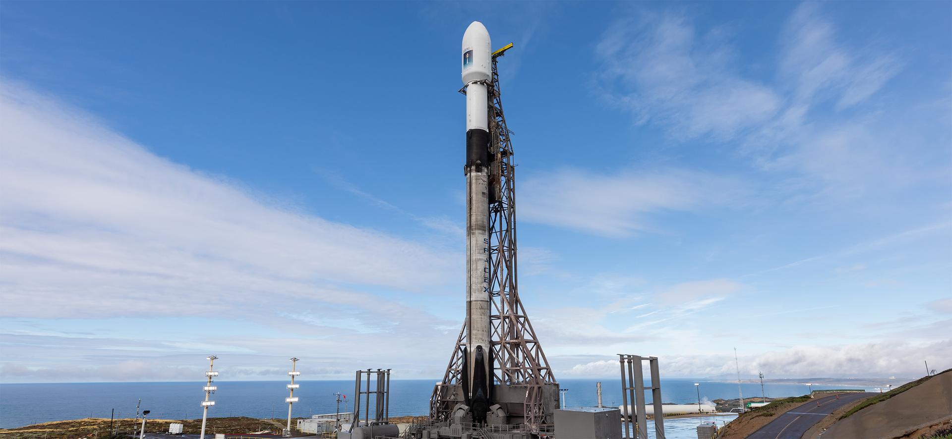 A SpaceX rocket carrying the Sentinel-6B satellite stands vertical on the launch pad at Space Launch Complex 4 East at Vandenberg Space Force Base in California on Sunday, Nov. 16, 2025, ahead of launch targeted for no earlier than 9:21 p.m. PST. A collaboration between NASA, ESA (European Space Agency), EUMETSAT (European Organisation for the Exploitation of Meteorological Satellites), and the National Oceanic and Atmospheric Administration (NOAA), Sentinel-6B is designed to measure sea levels down to roughly an inch for about 90% of the world’s oceans.