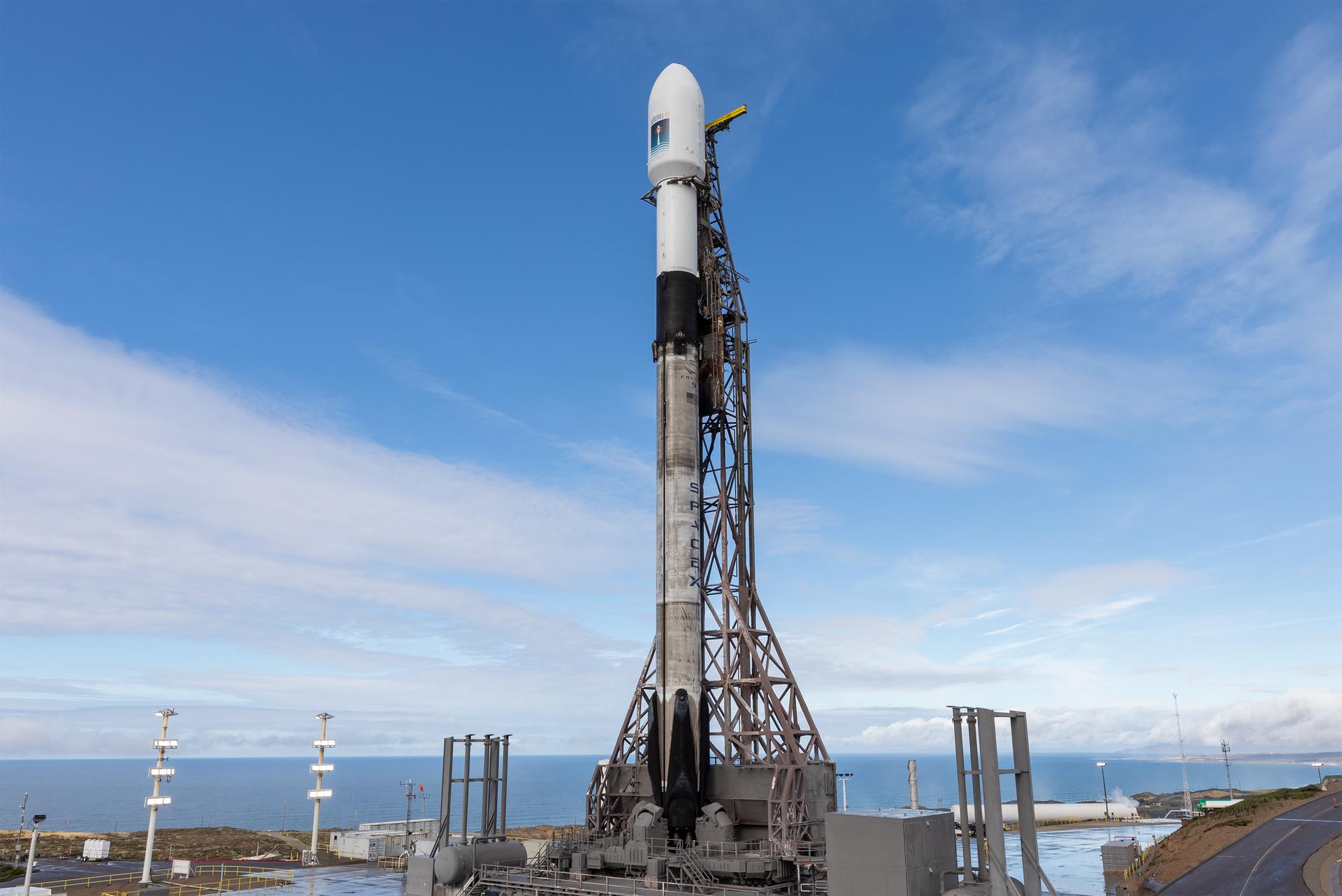 A SpaceX rocket carrying the Sentinel-6B satellite stands vertical on the launch pad at Space Launch Complex 4 East at Vandenberg Space Force Base in California on Sunday, Nov. 16, 2025, ahead of launch targeted for no earlier than 9:21 p.m. PST. A collaboration between NASA, ESA (European Space Agency), EUMETSAT (European Organisation for the Exploitation of Meteorological Satellites), and the National Oceanic and Atmospheric Administration (NOAA), Sentinel-6B is designed to measure sea levels down to roughly an inch for about 90% of the world’s oceans.