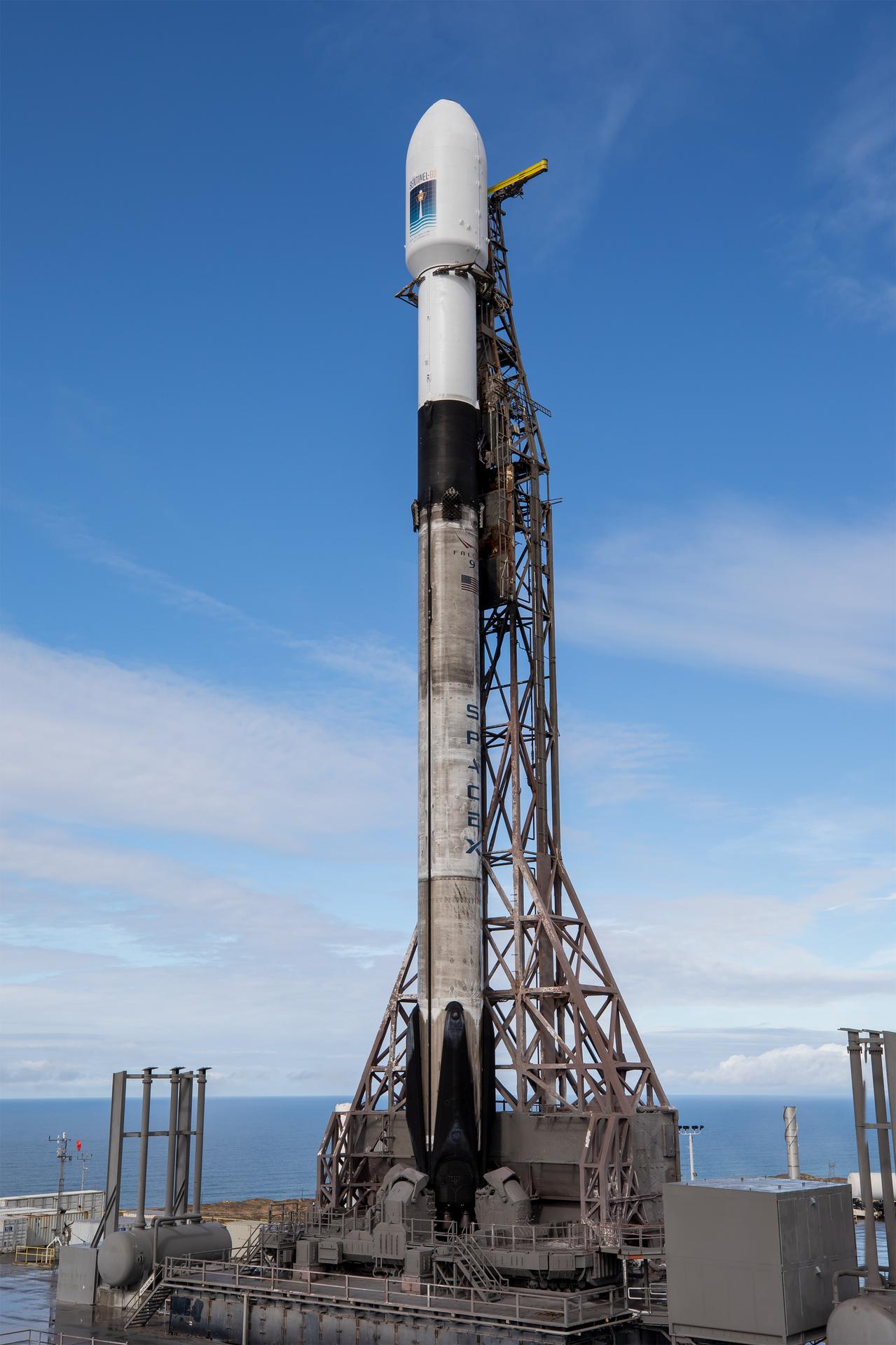 A SpaceX rocket carrying the Sentinel-6B satellite stands vertical on the launch pad at Space Launch Complex 4 East at Vandenberg Space Force Base in California on Sunday, Nov. 16, 2025, ahead of launch targeted for no earlier than 9:21 p.m. PST. A collaboration between NASA, ESA (European Space Agency), EUMETSAT (European Organisation for the Exploitation of Meteorological Satellites), and the National Oceanic and Atmospheric Administration (NOAA), Sentinel-6B is designed to measure sea levels down to roughly an inch for about 90% of the world’s oceans.