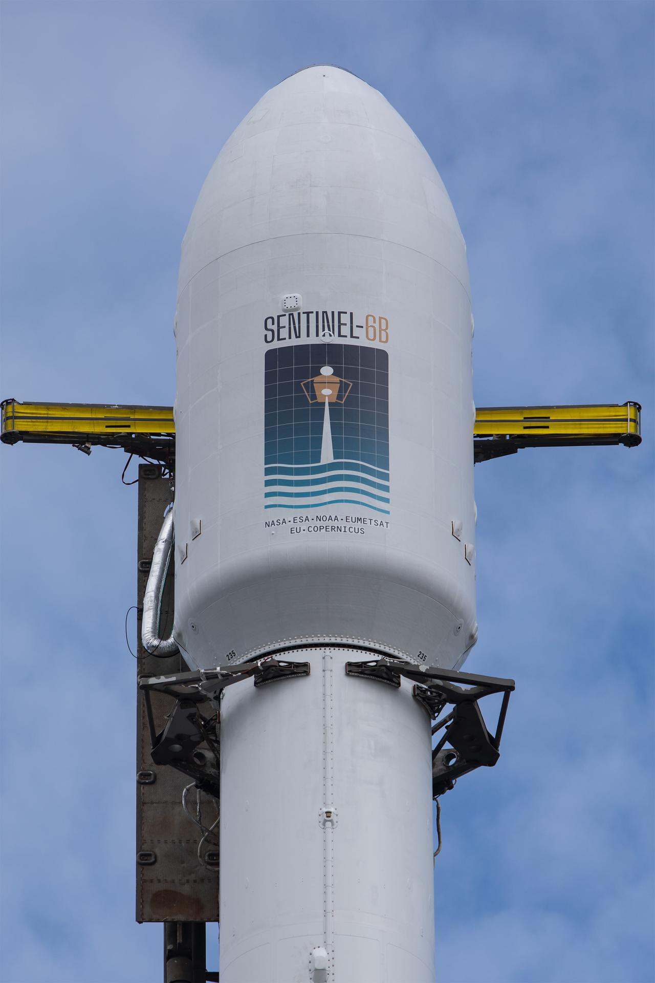 A SpaceX rocket carrying the Sentinel-6B satellite stands vertical on the launch pad at Space Launch Complex 4 East at Vandenberg Space Force Base in California on Sunday, Nov. 16, 2025, ahead of launch targeted for no earlier than 9:21 p.m. PST. A collaboration between NASA, ESA (European Space Agency), EUMETSAT (European Organisation for the Exploitation of Meteorological Satellites), and the National Oceanic and Atmospheric Administration (NOAA), Sentinel-6B is designed to measure sea levels down to roughly an inch for about 90% of the world’s oceans.