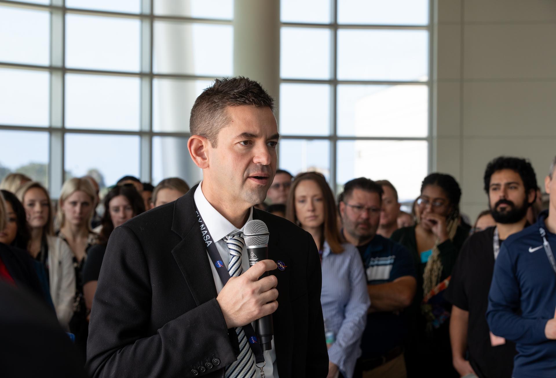 NASA Administrator Jared Isaacman speaks with NASA employees during his visit to the agency’s Kennedy Space Center in Florida, on Tuesday, Jan. 13, 2026. Isaacman, NASA’s 15th administrator, began visiting the agency’s centers after his appointment on Dec. 17, 2025, to meet with employees, contractors, and partners.