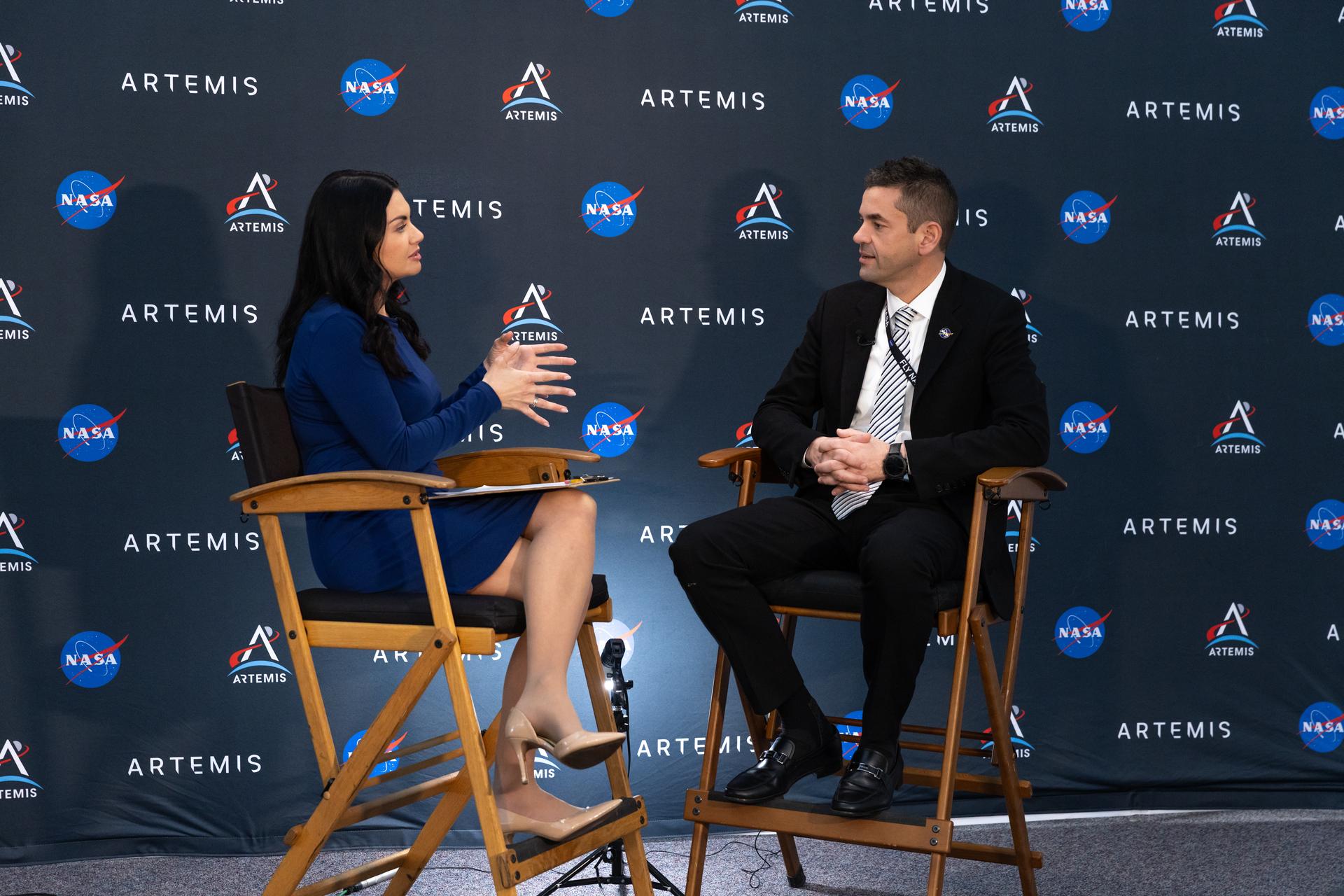 NASA Administrator Jared Isaacman speaks to a member of the media on Tuesday, Jan. 13, 2026, at the NASA News Center at the agency’s Kennedy Space Center in Florida. The newly appointed 15th administrator of the agency outlined his vision for his term including sending humans to the Moon and beyond. 
