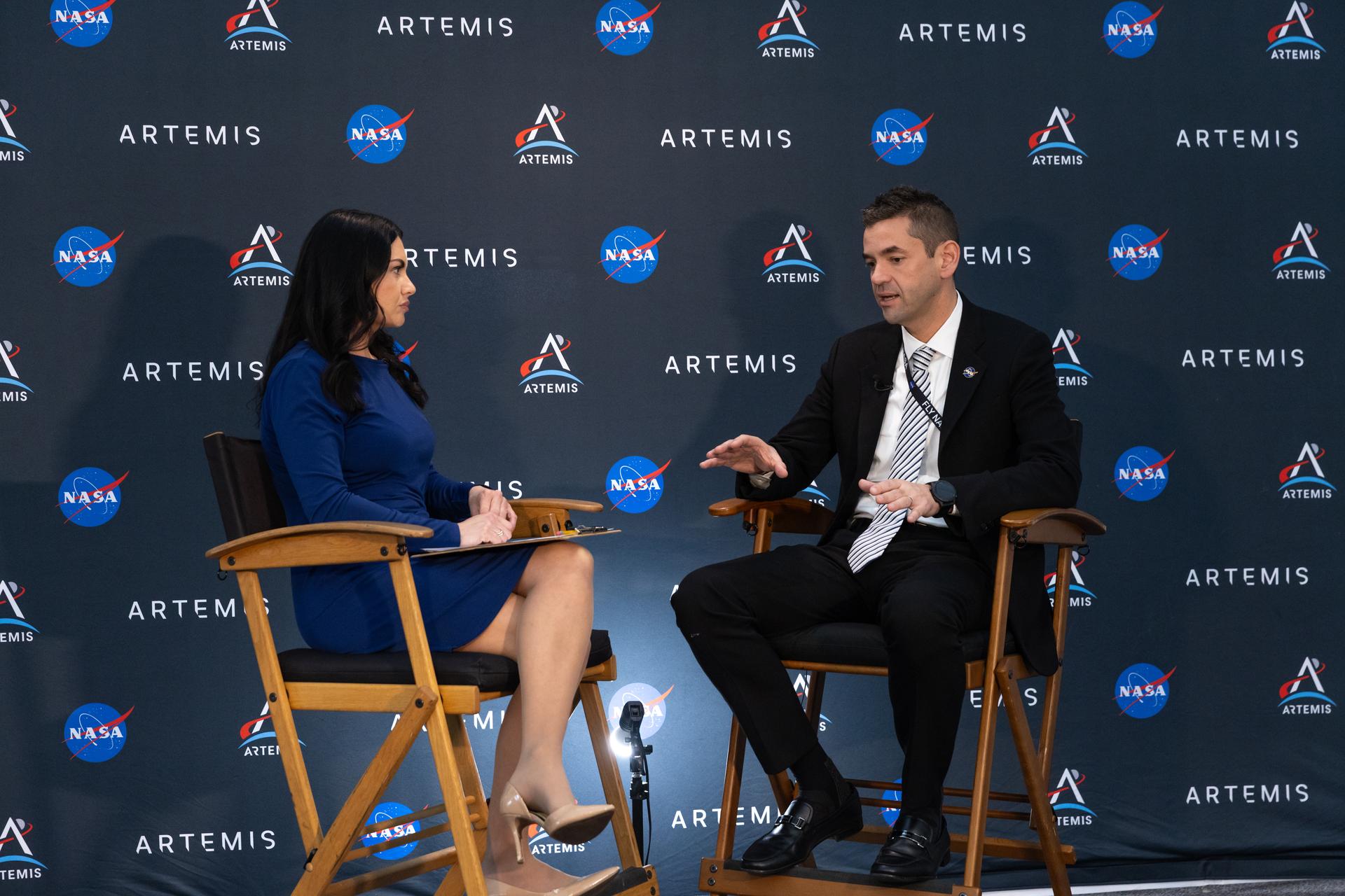 NASA Administrator Jared Isaacman speaks to a member of the media on Tuesday, Jan. 13, 2026, at the NASA News Center at the agency’s Kennedy Space Center in Florida. The newly appointed 15th administrator of the agency outlined his vision for his term including sending humans to the Moon and beyond. 