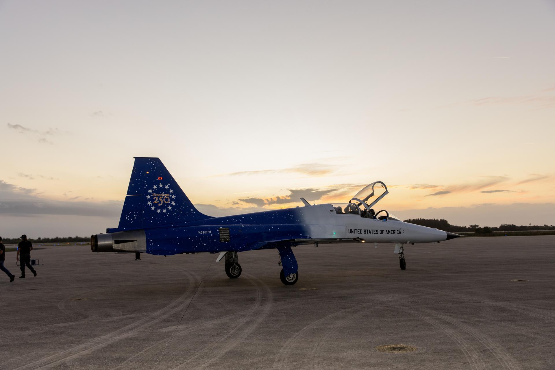 A Northrop F-5 Tiger II aircraft prepares for flight at NASA’s Kennedy Space Center in Florida on Tuesday, Jan. 13, 2026. As the newly 15th administrator of the agency, Jared Isaacman created a ride-along program to recognize and reward members of the workforce for their dedication to accomplishing agency priorities to fly in Isaacman’s personal F-5 aircraft. 