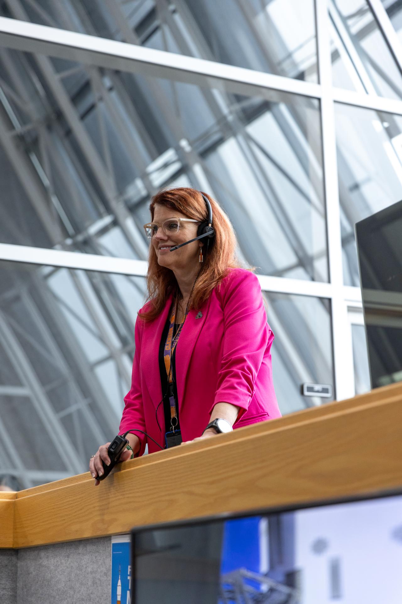 Charlie Blackwell-Thompson, Artemis II launch director, participates in the Artemis II terminal count simulation on Wednesday, Jan. 14, 2026, inside Firing Room 1 of the Rocco A. Petrone Launch Control Center at NASA’s Kennedy Space Center in Florida. The terminal count simulation conducted by NASA’s Exploration Ground Systems team runs through the final five hours of launch countdown, include terminal count - the remaining 10 minutes of the countdown - for NASA’s Artemis II test flight which will take Commander Reid Wiseman, Pilot Victor Glover, and Mission Specialist Christina Koch from NASA, and Mission Specialist Jeremy Hansen from the CSA (Canadian Space Agency), around the Moon and back to Earth no later than no later than April 2026 from Launch Complex 39B at NASA Kennedy.