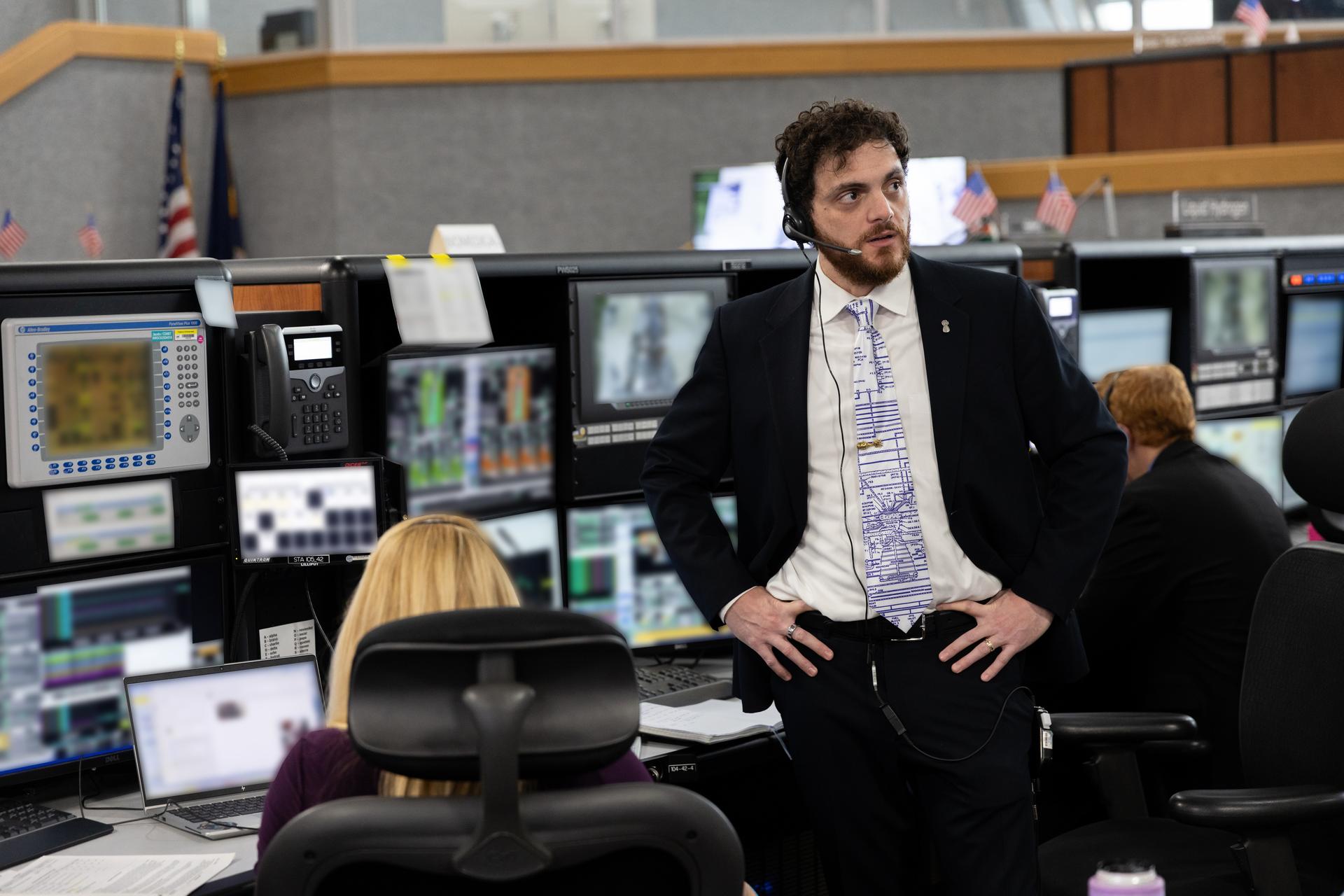 Kevin Todaro, Artemis launch team member, participates in the Artemis II terminal count simulation on Wednesday, Jan. 14, 2026, inside Firing Room 1 of the Rocco A. Petrone Launch Control Center at NASA’s Kennedy Space Center in Florida. The terminal count simulation conducted by NASA’s Exploration Ground Systems team runs through the final five hours of launch countdown, include terminal count - the remaining 10 minutes of the countdown - for NASA’s Artemis II test flight which will take Commander Reid Wiseman, Pilot Victor Glover, and Mission Specialist Christina Koch from NASA, and Mission Specialist Jeremy Hansen from the CSA (Canadian Space Agency), around the Moon and back to Earth no later than no later than April 2026 from Launch Complex 39B at NASA Kennedy.