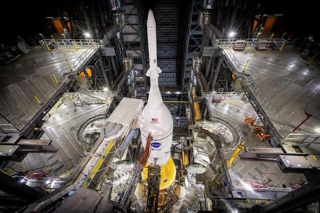 In this view looking down in High Bay 3 inside the Vehicle Assembly Building ...