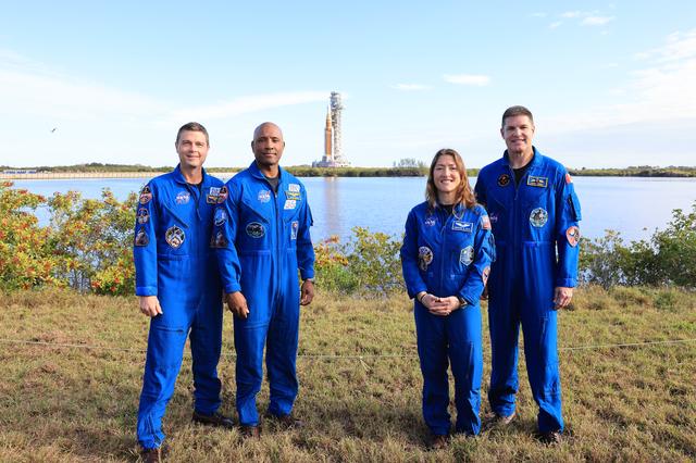 From left to right, Artemis II NASA astronauts Reid Wiseman, commander; Victo...