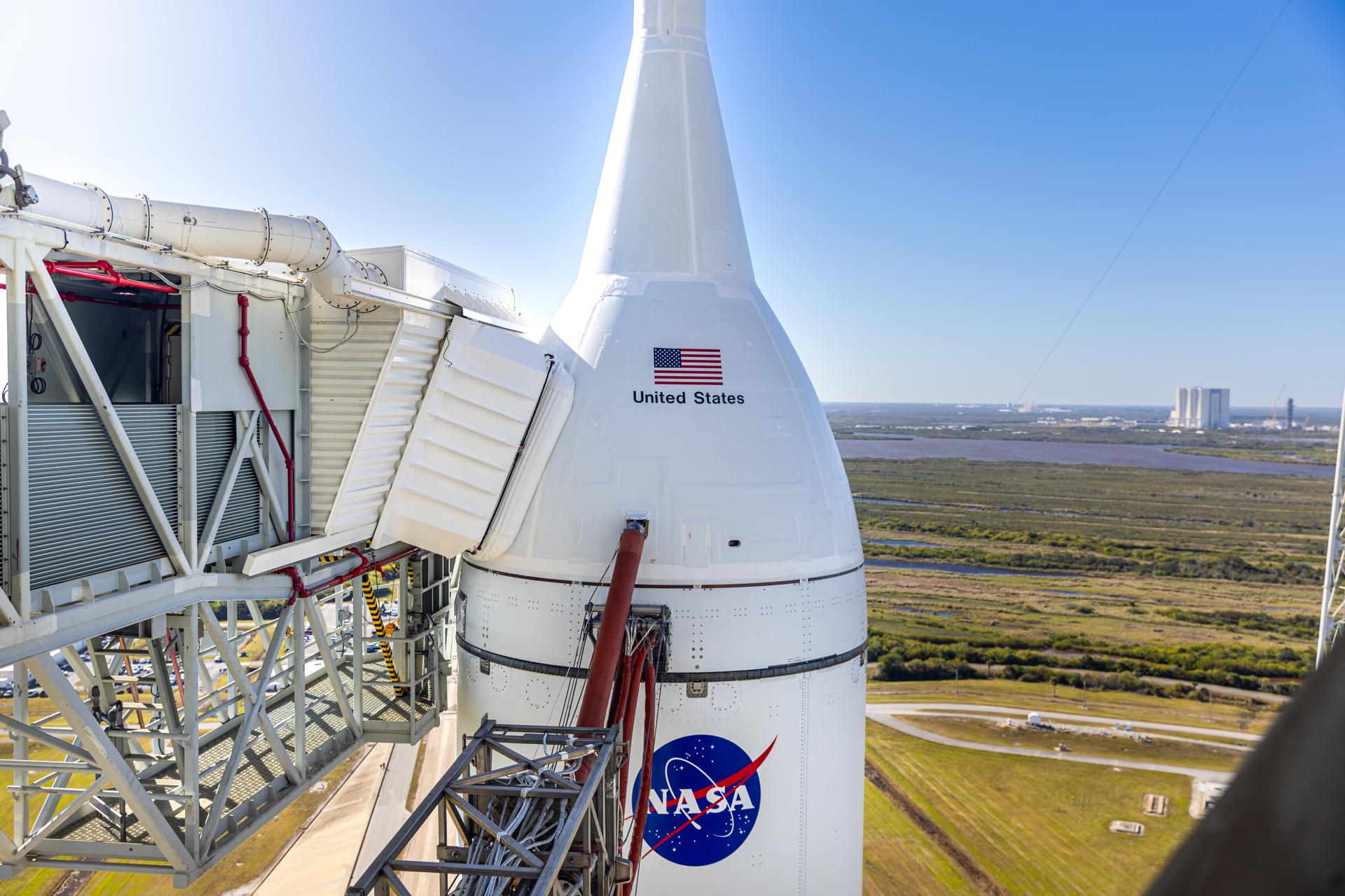A closeup view of NASA’s Orion spacecraft with the launch abort system atop NASA’s Artemis II SLS (Space Launch System) rocket at Launch Complex 39B at NASA’s Kennedy Space Center in Florida on Tuesday, Jan. 20, 2026. The Artemis II test flight will take Commander Reid Wiseman, Pilot Victor Glover, and Mission Specialist Christina Koch from NASA, and Mission Specialist Jeremy Hansen from the CSA (Canadian Space Agency), on a 10-day journey no earlier than 6:24 p.m. EDT on Wednesday, April 1. 