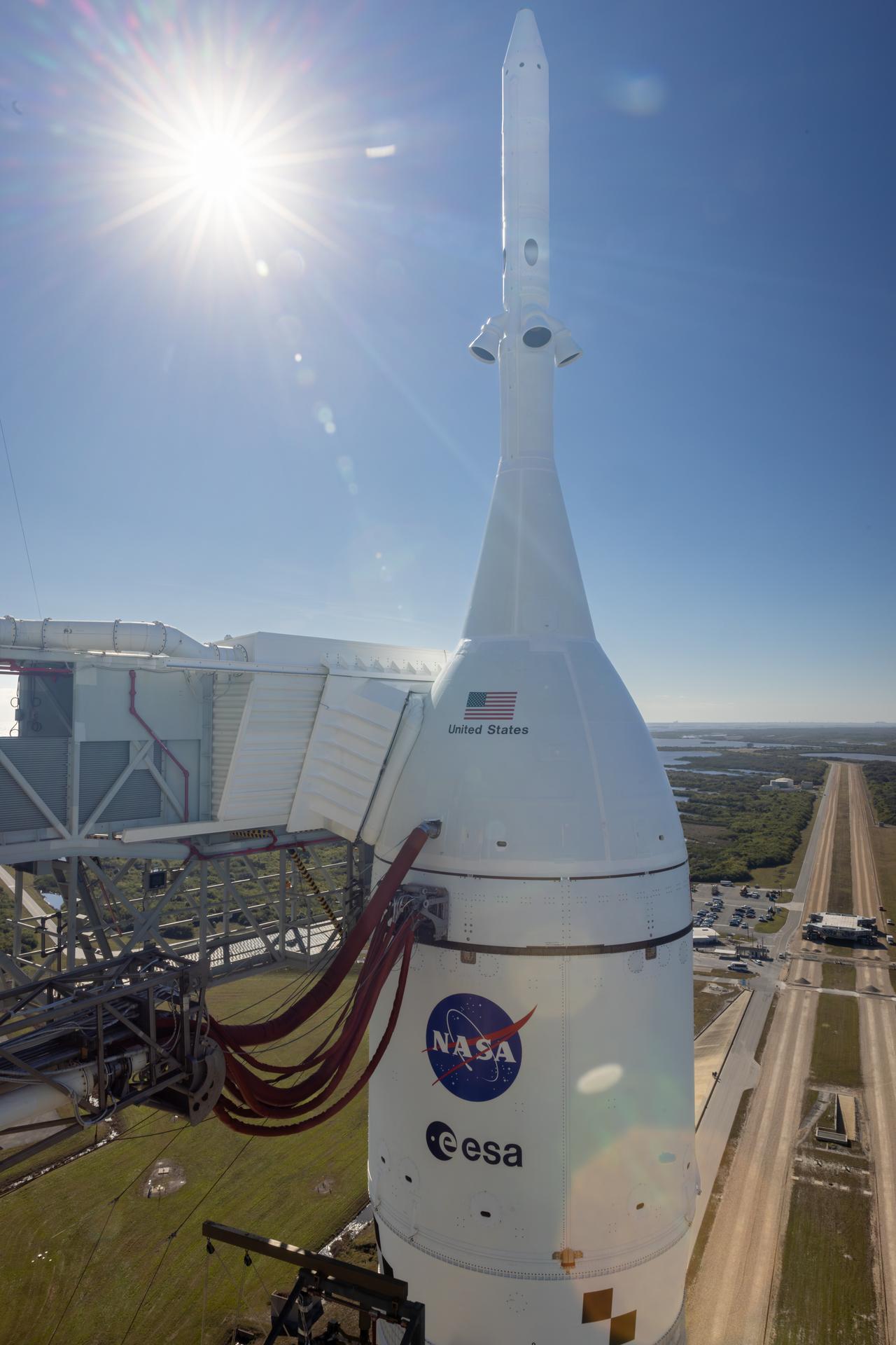 A closeup view of NASA’s Orion spacecraft with the launch abort system atop NASA’s Artemis II SLS (Space Launch System) rocket at Launch Complex 39B at NASA’s Kennedy Space Center in Florida on Tuesday, Jan. 20, 2026. The Artemis II test flight will take Commander Reid Wiseman, Pilot Victor Glover, and Mission Specialist Christina Koch from NASA, and Mission Specialist Jeremy Hansen from the CSA (Canadian Space Agency), on a 10-day journey no earlier than 6:24 p.m. EDT on Wednesday, April 1. 