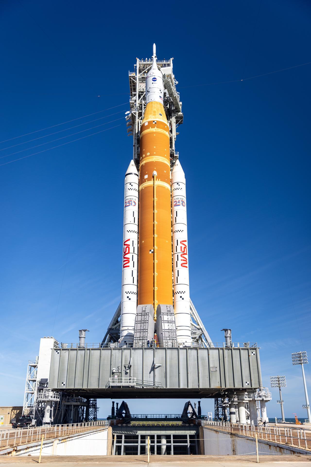 NASA’s Artemis II SLS (Space Launch System) rocket and Orion spacecraft, secured to the mobile launcher, stands vertical at Launch Complex 39B at NASA’s Kennedy Space Center in Florida on Tuesday, Jan. 20, 2026. The Artemis II test flight will take Commander Reid Wiseman, Pilot Victor Glover, and Mission Specialist Christina Koch from NASA, and Mission Specialist Jeremy Hansen from the CSA (Canadian Space Agency), on a 10-day journey no earlier than 6:24 p.m. EDT on Wednesday, April 1. 