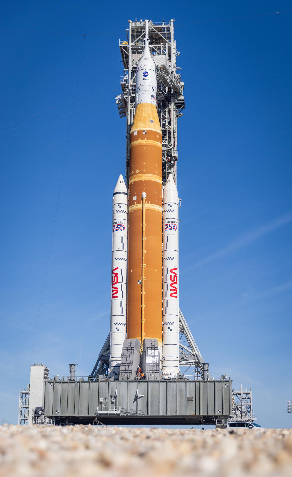 NASA’s Artemis II SLS (Space Launch System) rocket and Orion spacecraft, secured to the mobile launcher, stands vertical at Launch Complex 39B at NASA’s Kennedy Space Center in Florida on Tuesday, Jan. 20, 2026. The Artemis II test flight will take Commander Reid Wiseman, Pilot Victor Glover, and Mission Specialist Christina Koch from NASA, and Mission Specialist Jeremy Hansen from the CSA (Canadian Space Agency), on a 10-day journey no earlier than 6:24 p.m. EDT on Wednesday, April 1. 