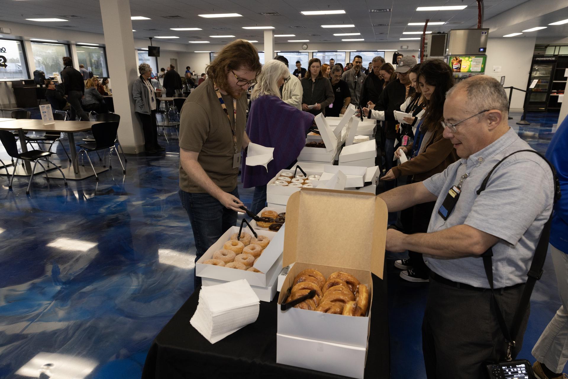 NASA Administrator Jared Isaacman meets with employees and contractors at NASA’s Kennedy Space Center in Florida on Thursday, Jan. 22, 2026, who supported the Artemis II rocket roll to the pad at Launch Complex 39B on Saturday, Jan. 17.. During his visit he spoke to employees and brought donuts. Isaacman, the 15th administrator of NASA, has been visiting with employees across the agency’s centers since he was appointed on Dec. 17, 2025.