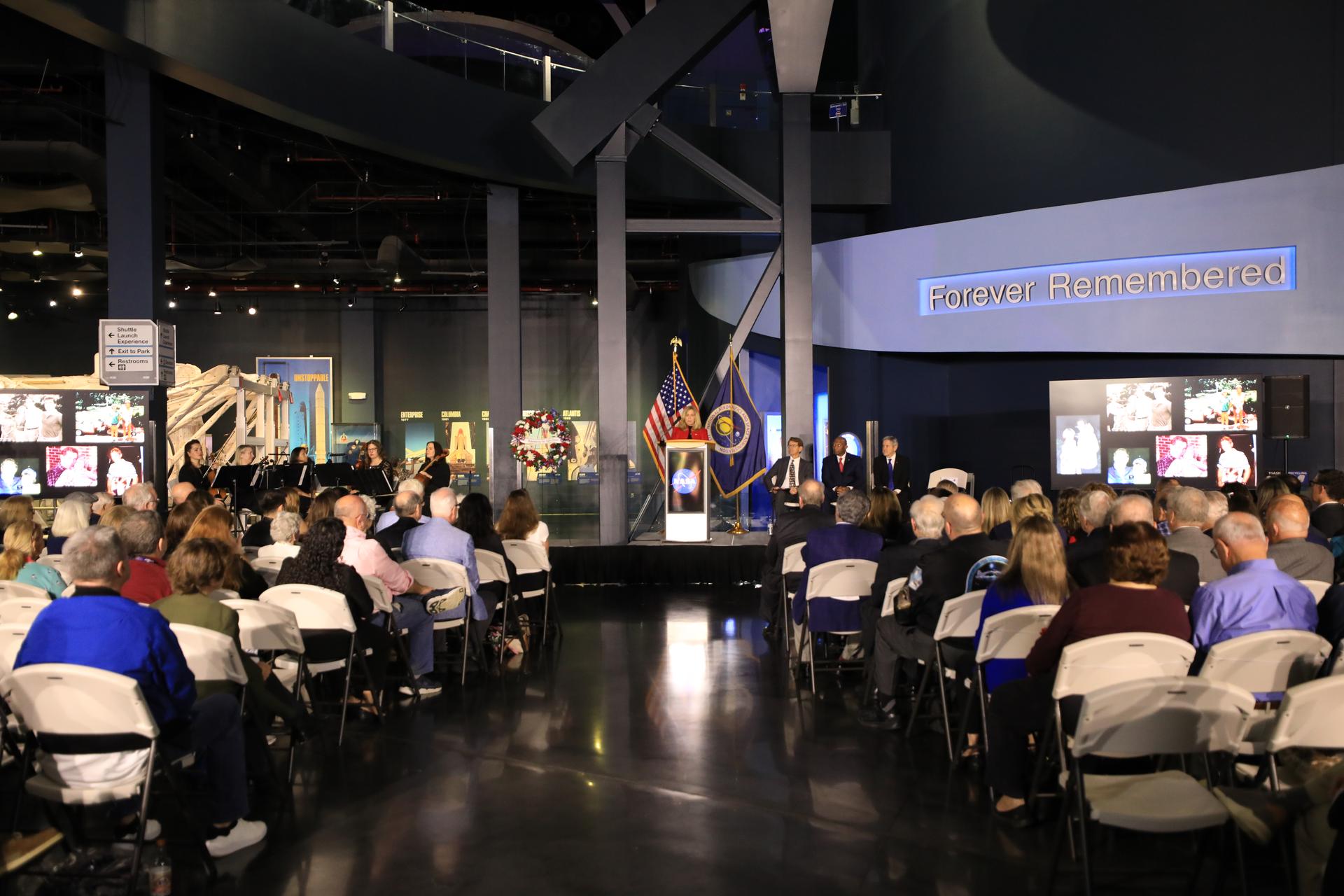 Alison Smith Balch, daughter of NASA astronaut Michael J. Smith, pilot of Challenger STS 51-L, speaks during NASA’s Day of Remembrance on Thursday, Jan. 22, 2026, at the Kennedy Space Center Visitor Complex in Florida. The annual event commemorates the crews of Apollo 1 and the space shuttles Challenger and Columbia. Marking the 40th anniversary of the Challenger tragedy, NASA Kennedy and the Astronauts Memorial Foundation, which was founded after the shuttle Challenger accident in 1986 to honor the sacrifices of fallen astronauts, hosted this year’s ceremony.
