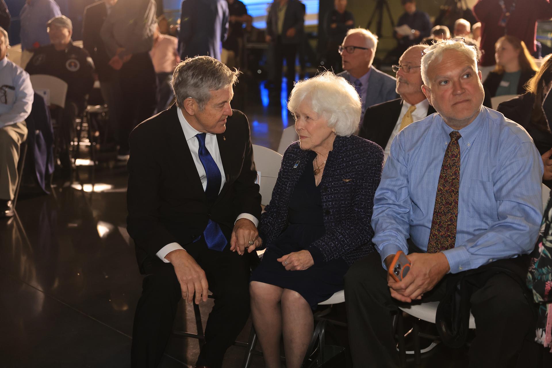 Former Kennedy Space Center director, Bob Cabana (left), speaks to Jane Smith-Wolcott, widow of Challenger pilot Michael Smith, during NASA’s Day of Remembrance ceremony at the Kennedy Space Center Visitor Complex in Florida on Thursday, Jan. 22, 2026. The annual event commemorates the crews of Apollo 1 and the space shuttles Challenger and Columbia. Marking the 40th anniversary of the Challenger tragedy, NASA Kennedy and the Astronauts Memorial Foundation, which was founded after the shuttle Challenger accident in 1986 to honor the sacrifices of fallen astronauts, hosted this year’s ceremony.