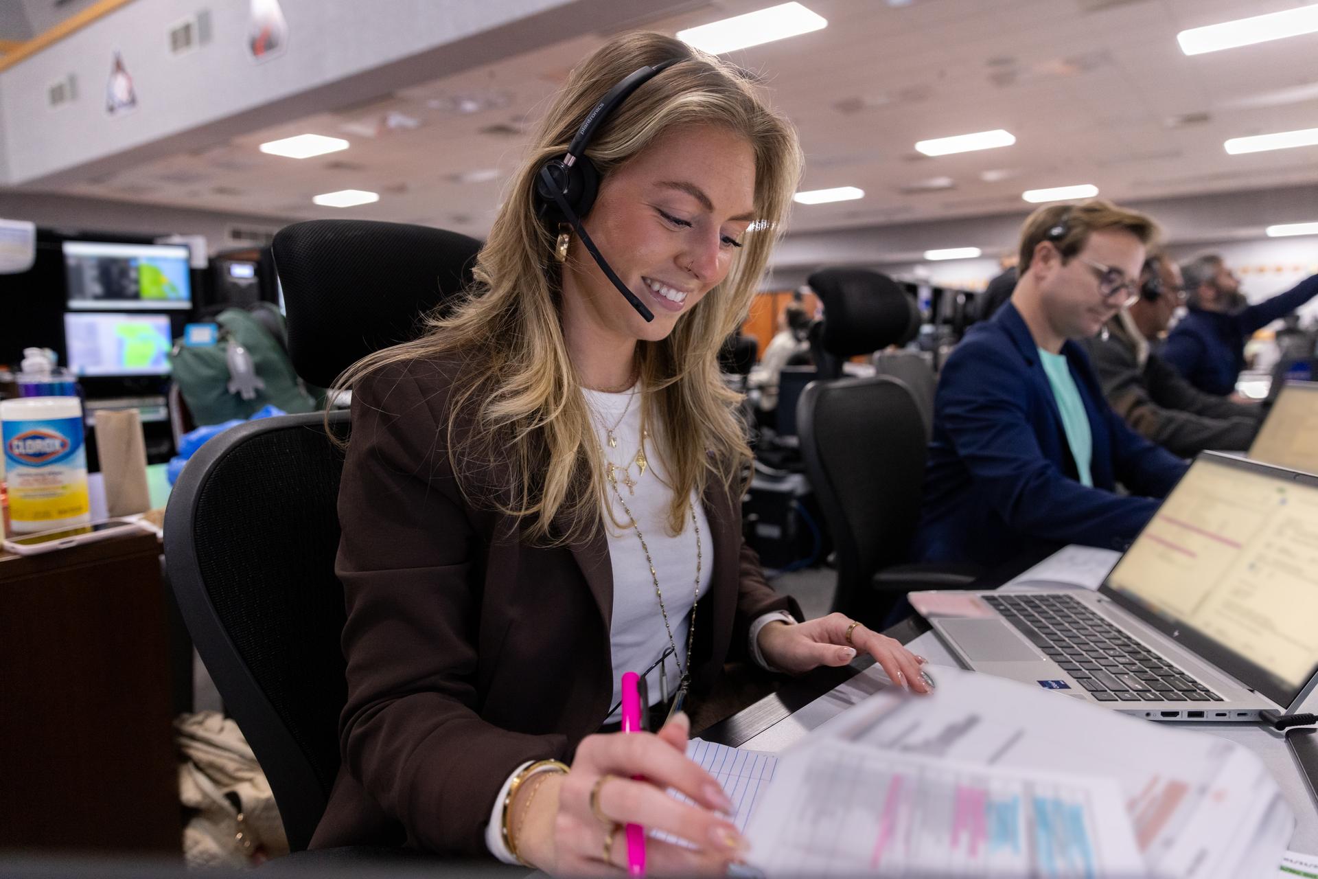 A member of the Artemis launch team participates in a wet dress rehearsal for the Artemis II mission on Monday, Feb. 2, 2026, inside Firing Room 1 at the Rocco A. Petrone Launch Control Center at NASA’s Kennedy Space Center in Florida. The wet dress rehearsal allows the Artemis II launch team to run through operations to load propellant, conduct a full launch countdown, demonstrate the ability to recycle the countdown clock, and drain the tanks to practice timelines and procedures for launch. The Artemis II test flight will take Commander Reid Wiseman, Pilot Victor Glover, and Mission Specialist Christina Koch from NASA, and Mission Specialist Jeremy Hansen from the CSA (Canadian Space Agency), around the Moon and back to Earth from Launch Complex 39B at NASA Kennedy.