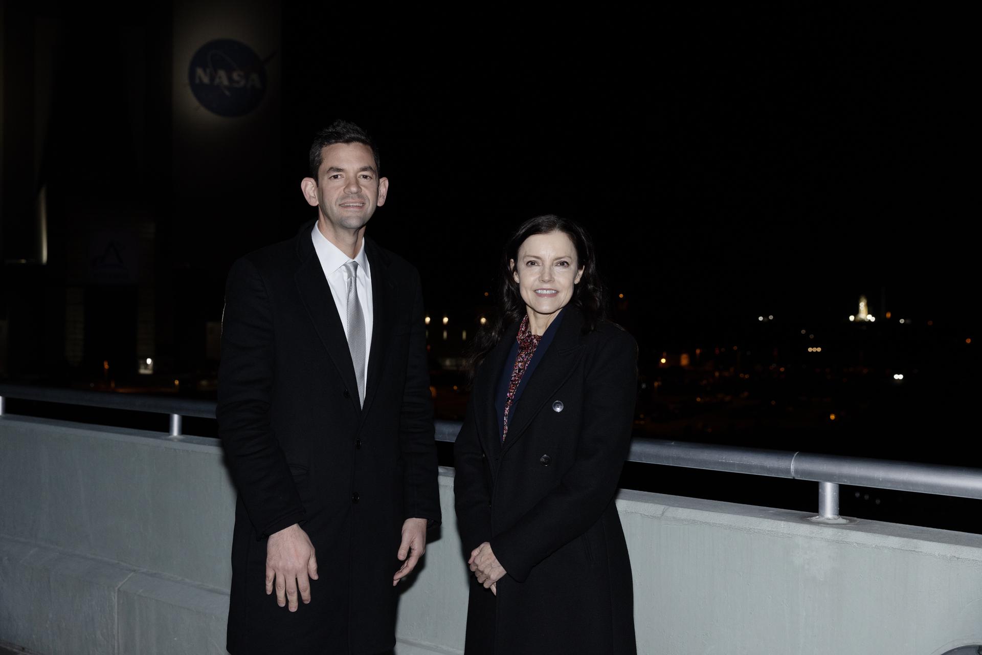 From left, NASA Administrator Jared Isaacman and CSA (Canadian Space Agency) President Lisa Campbell pose for a photograph during Artemis II wet dress rehearsal on Monday, Feb. 2, 2026, at NASA’s Kennedy Space Center in Florida. The wet dress rehearsal allows the Artemis II launch team to run through operations to load propellant, conduct a full launch countdown, demonstrate the ability to recycle the countdown clock, and drain the tanks to practice timelines and procedures for launch. The Artemis II test flight will take Commander Reid Wiseman, Pilot Victor Glover, and Mission Specialist Christina Koch from NASA, and Mission Specialist Jeremy Hansen from the CSA, around the Moon and back to Earth from Launch Complex 39B at NASA Kennedy.